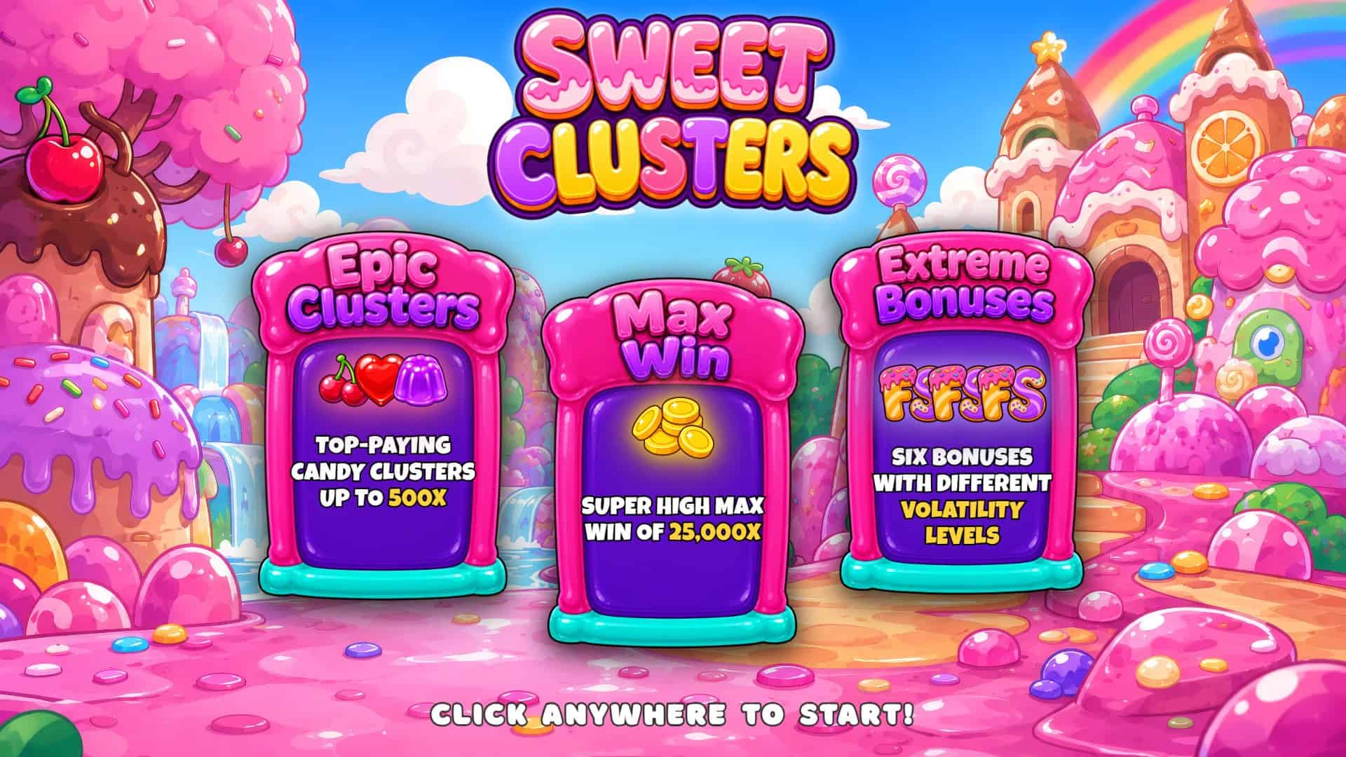 Sweet Clusters Cluster Pays slot intro screen