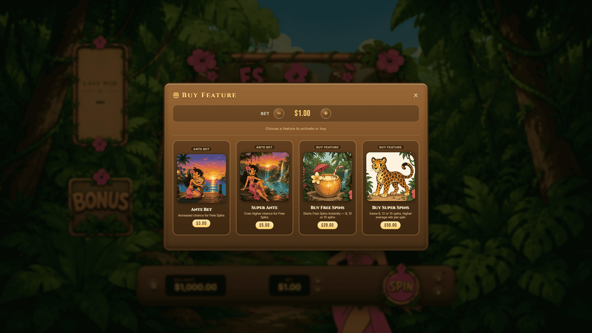 Pink Jungle bonus buy menu
