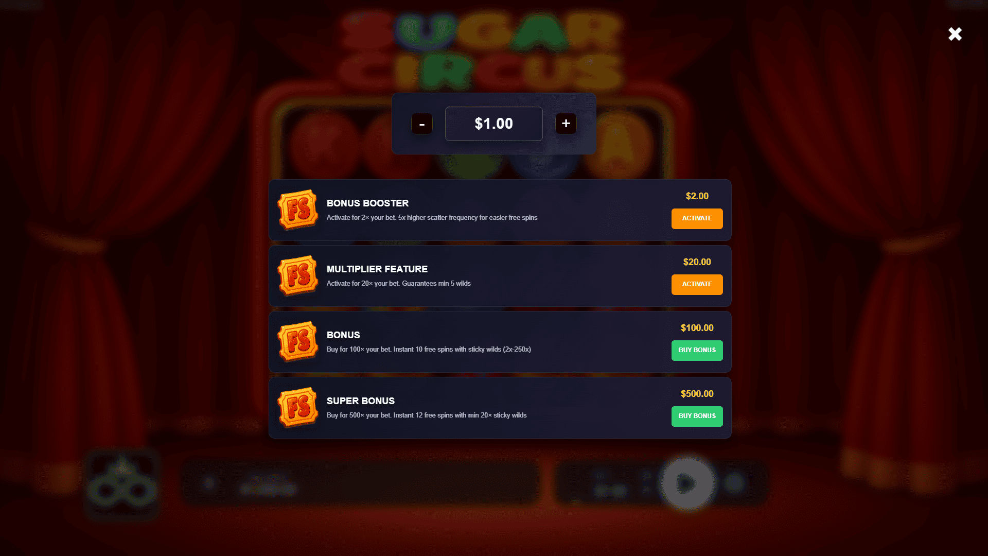Sugar Circus bonus buy menu