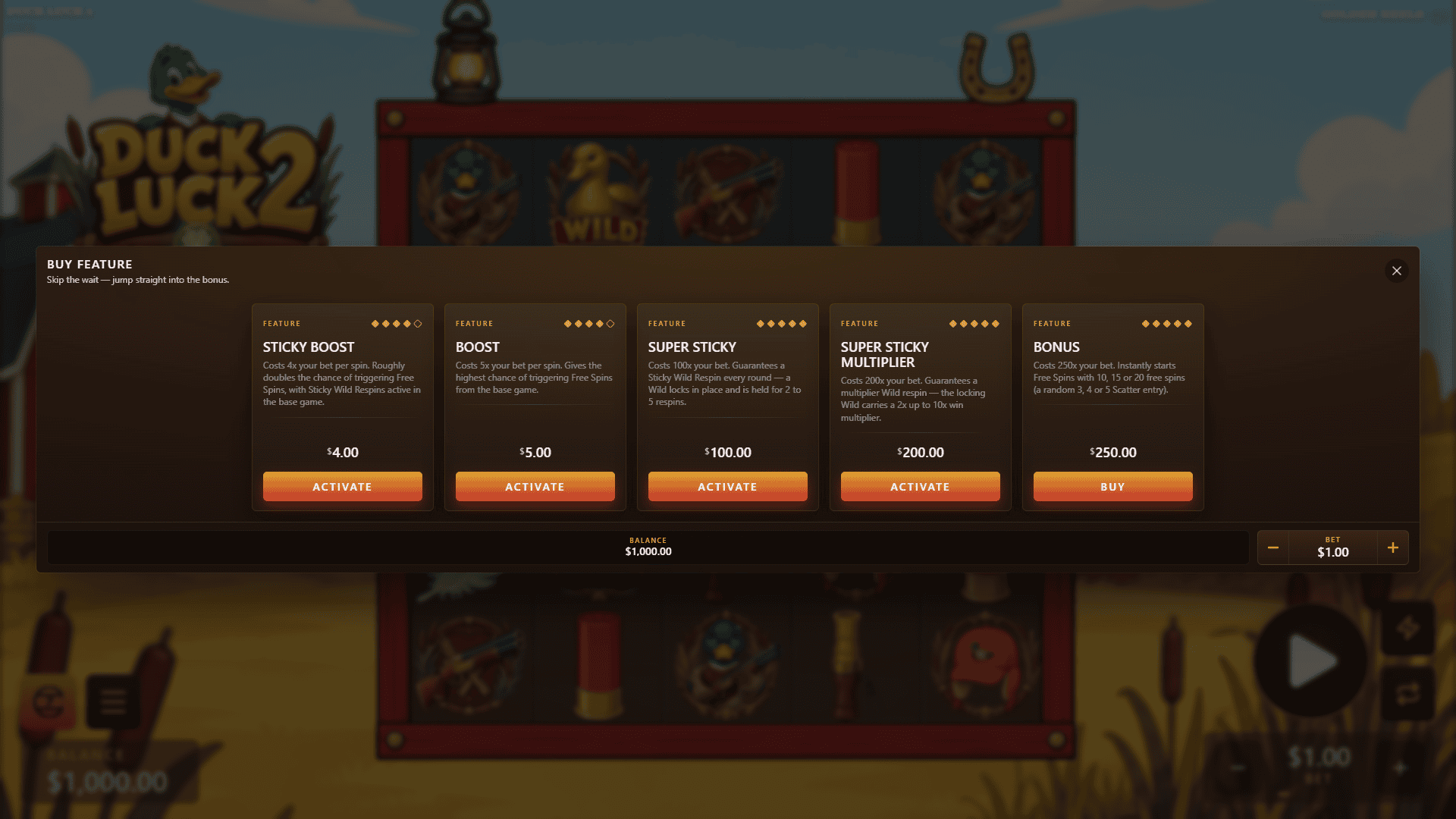 Duck Luck 2 bonus buy menu