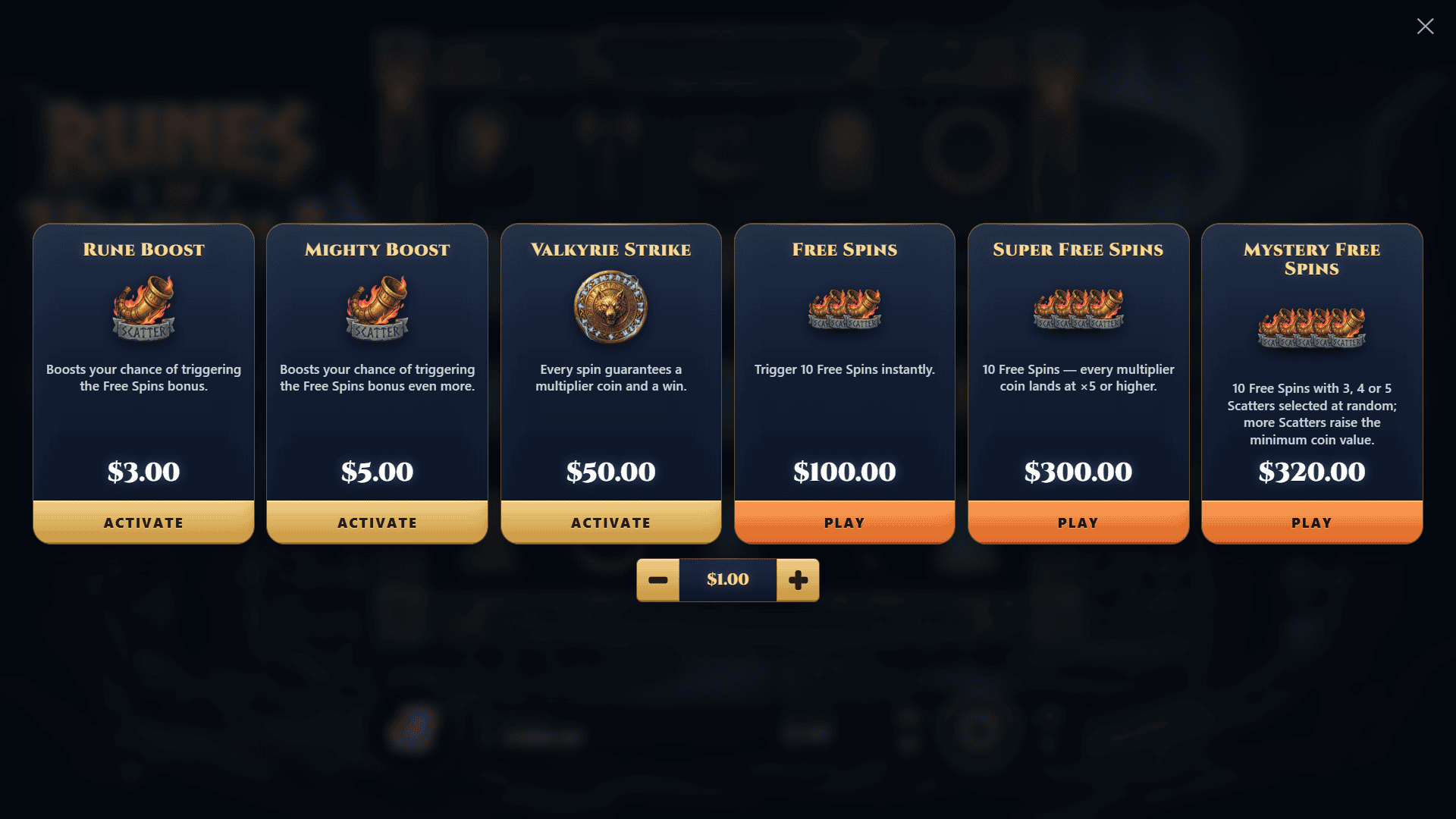 Runes of Valhalla bonus buy menu