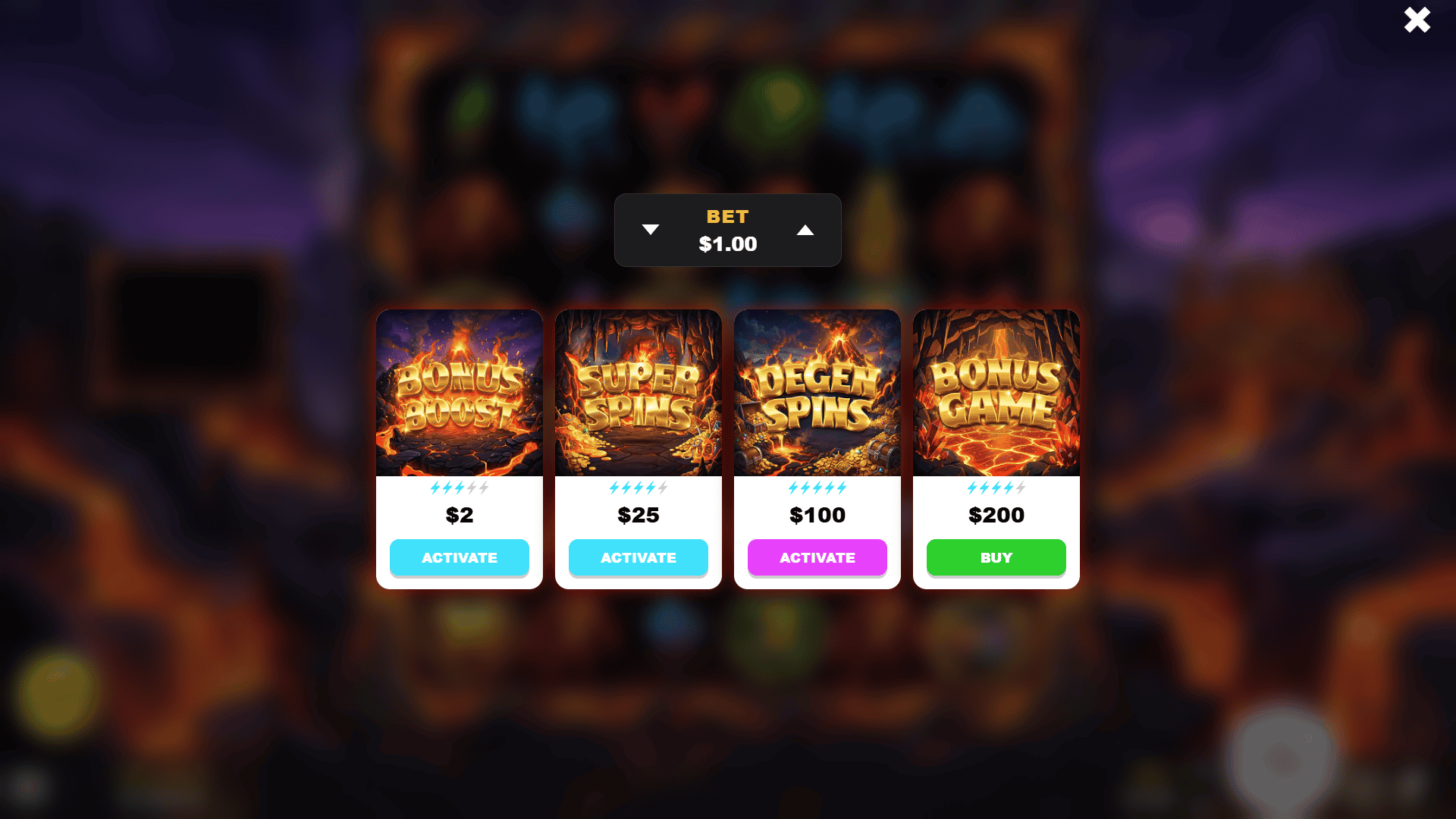 Lava Boom bonus buy menu