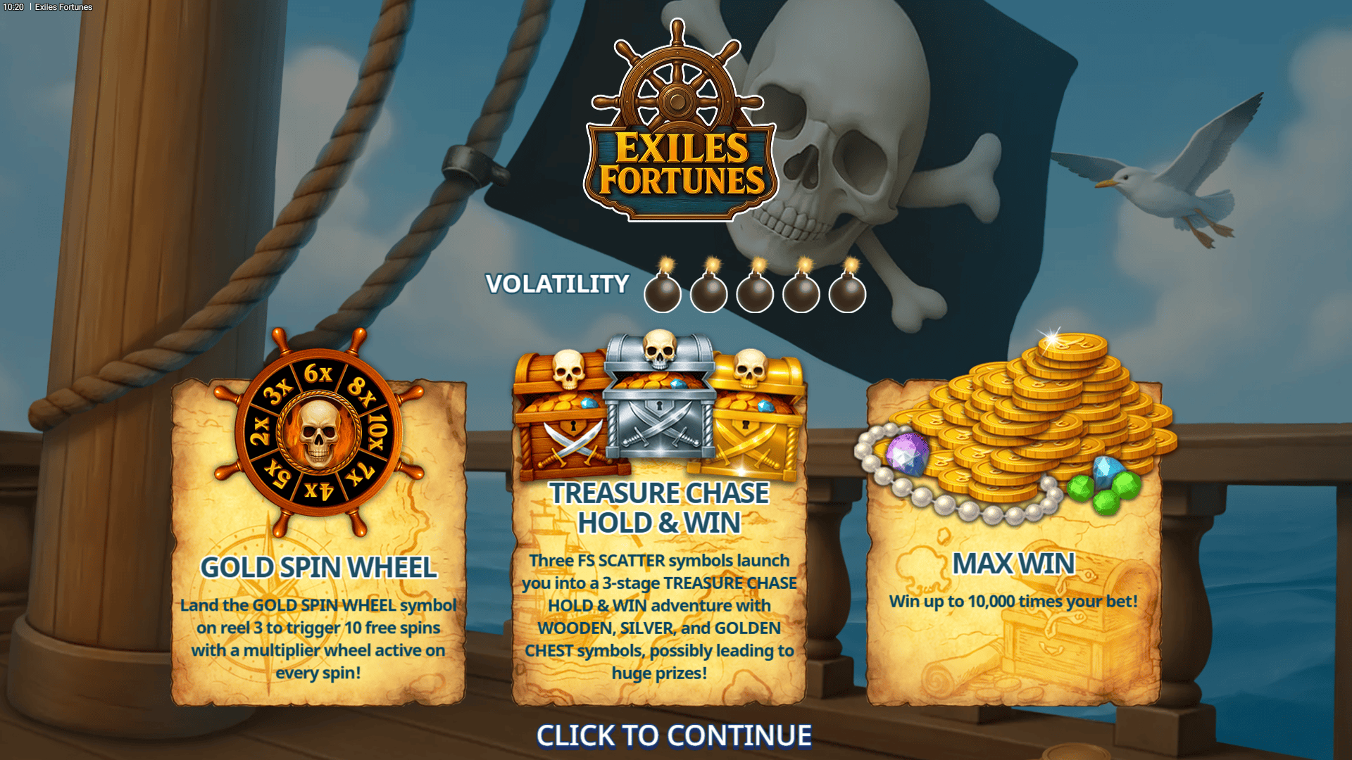 Exiles Fortunes slot intro screen