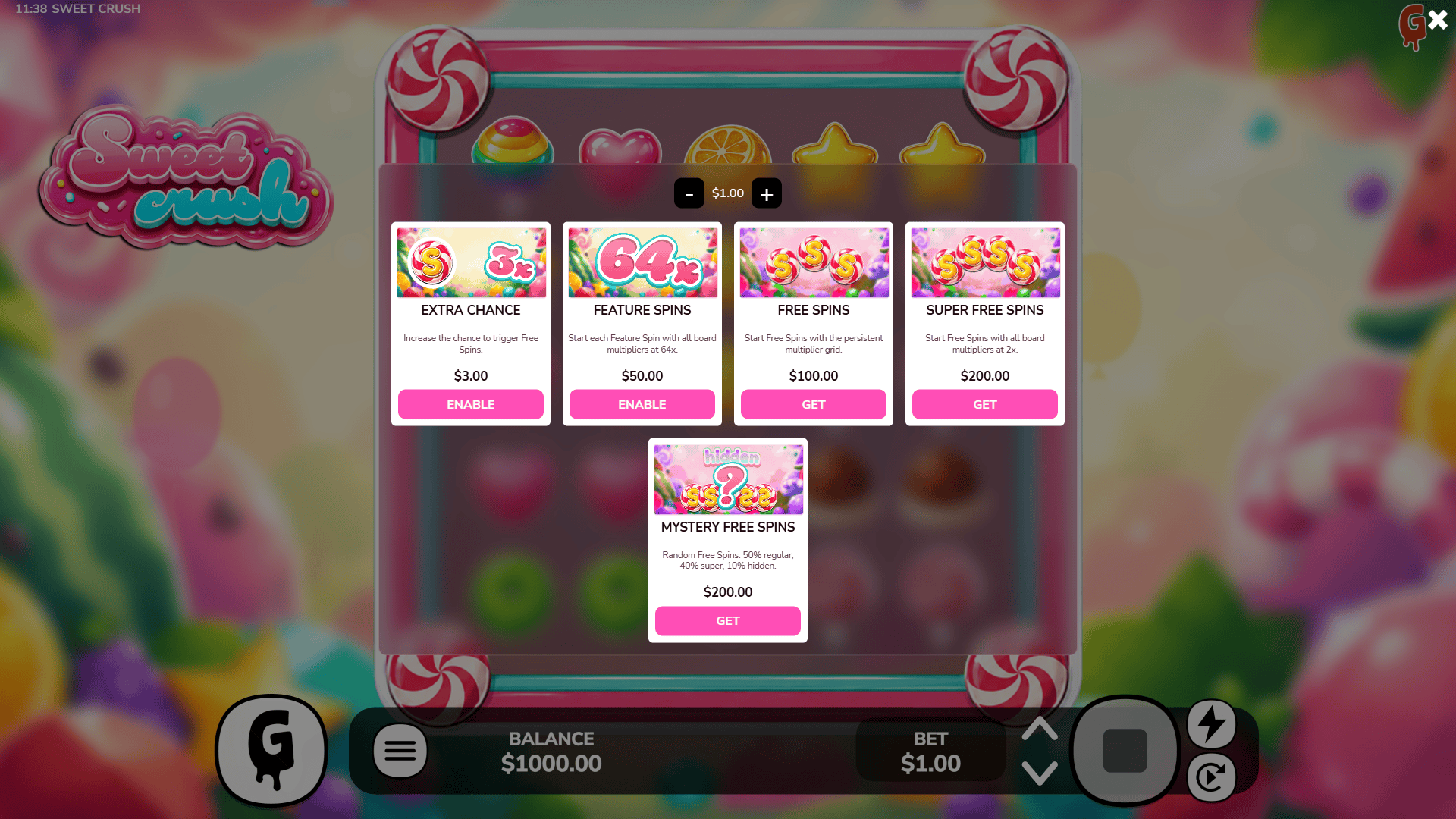 Sweet Crush bonus buy menu
