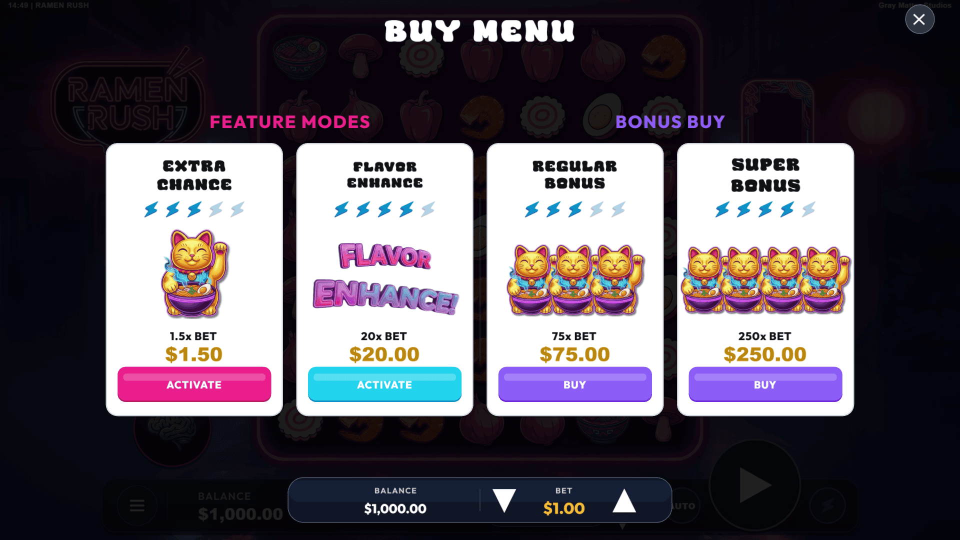Ramen Rush bonus buy menu