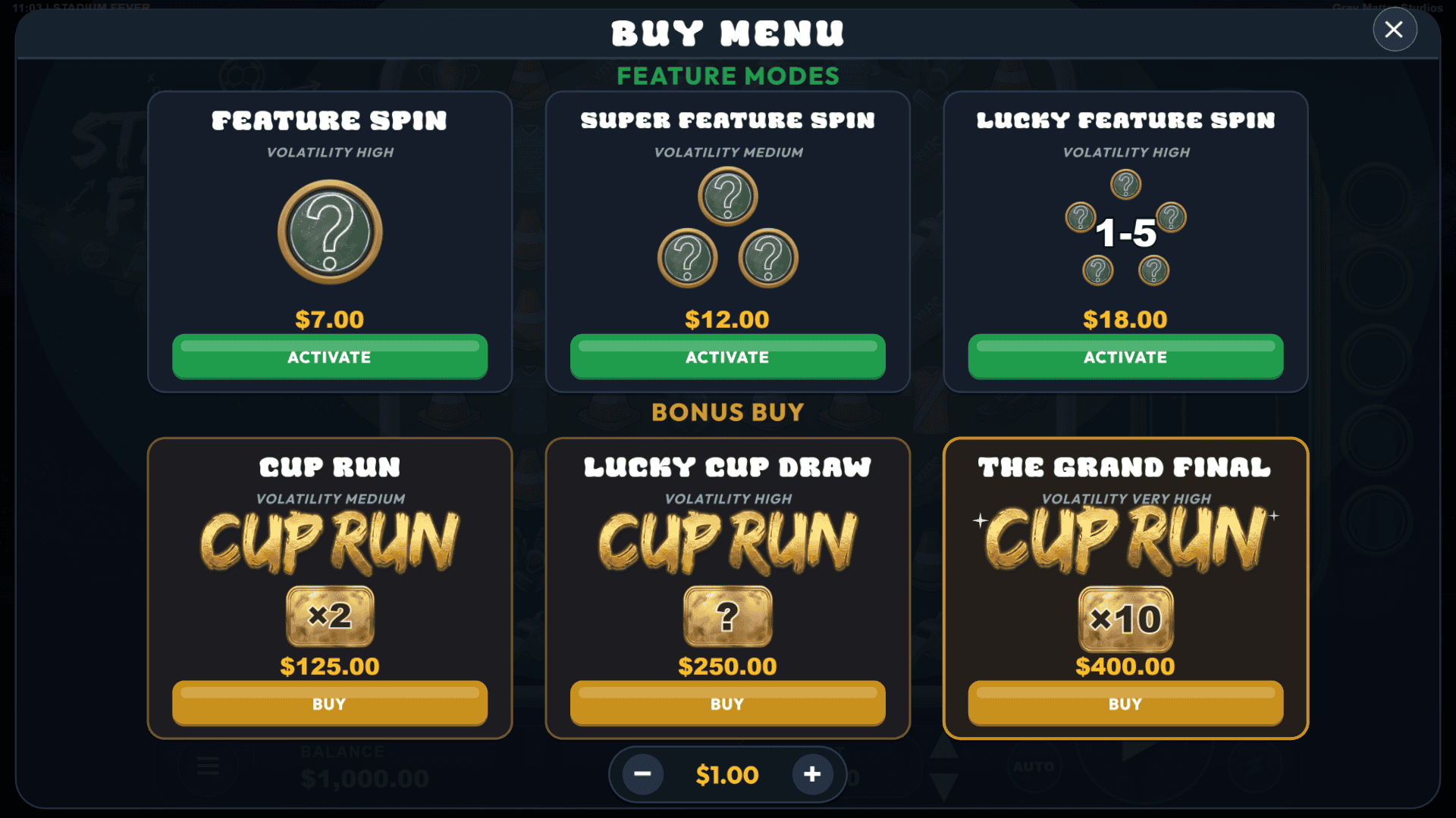 Stadium Fever bonus buy menu