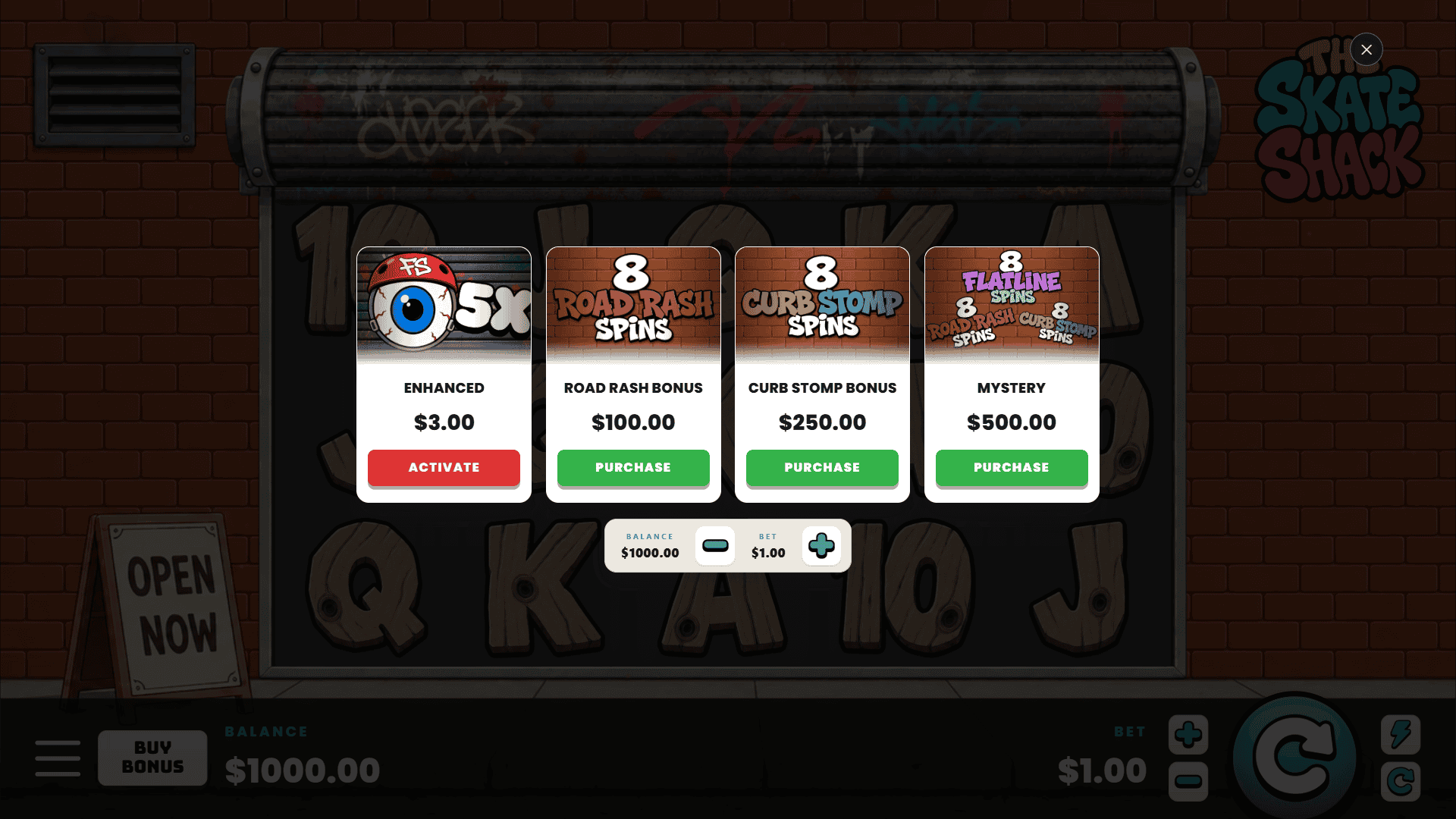 The Skate Shack bonus buy menu