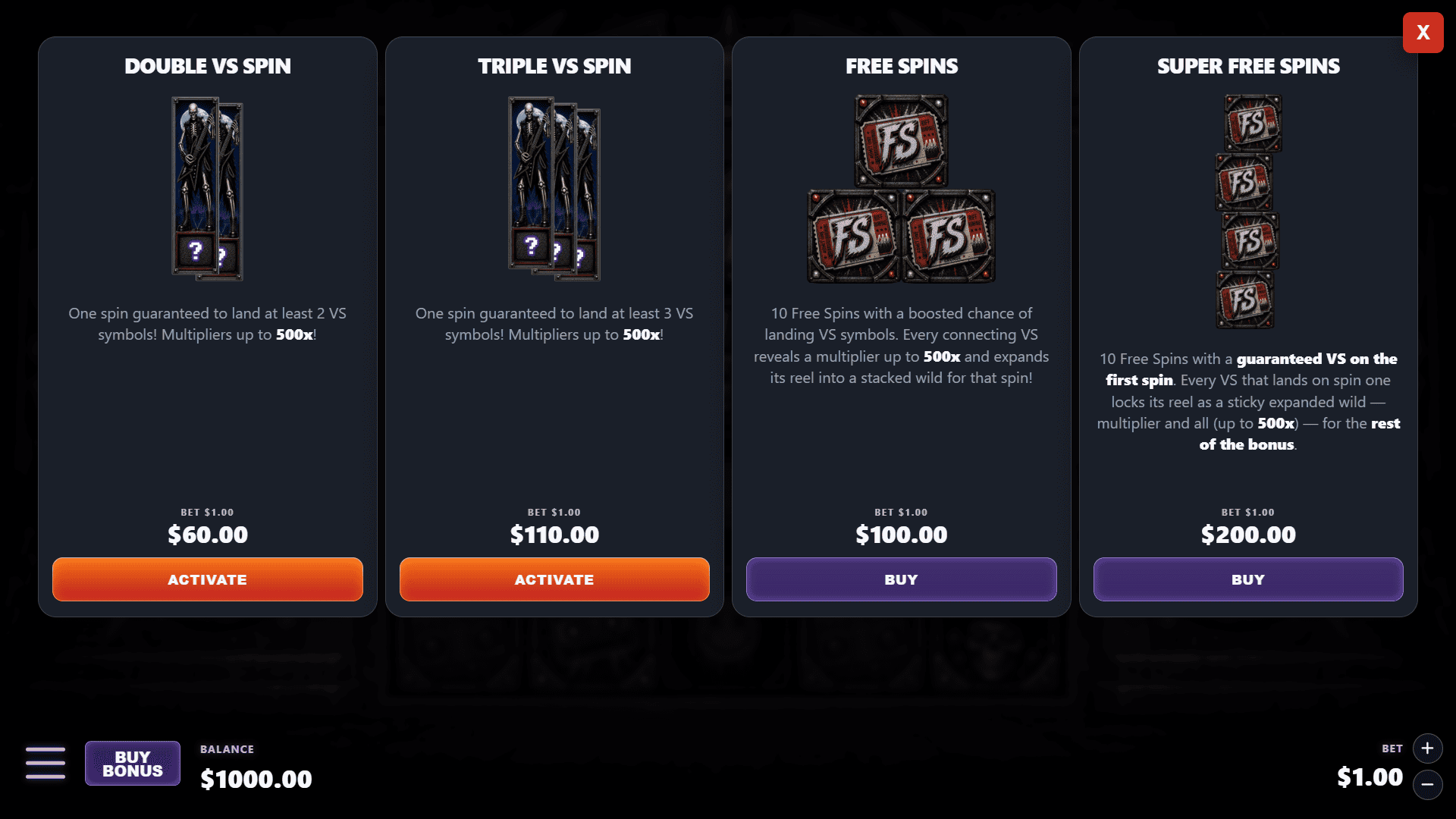 Volatility INC bonus buy menu