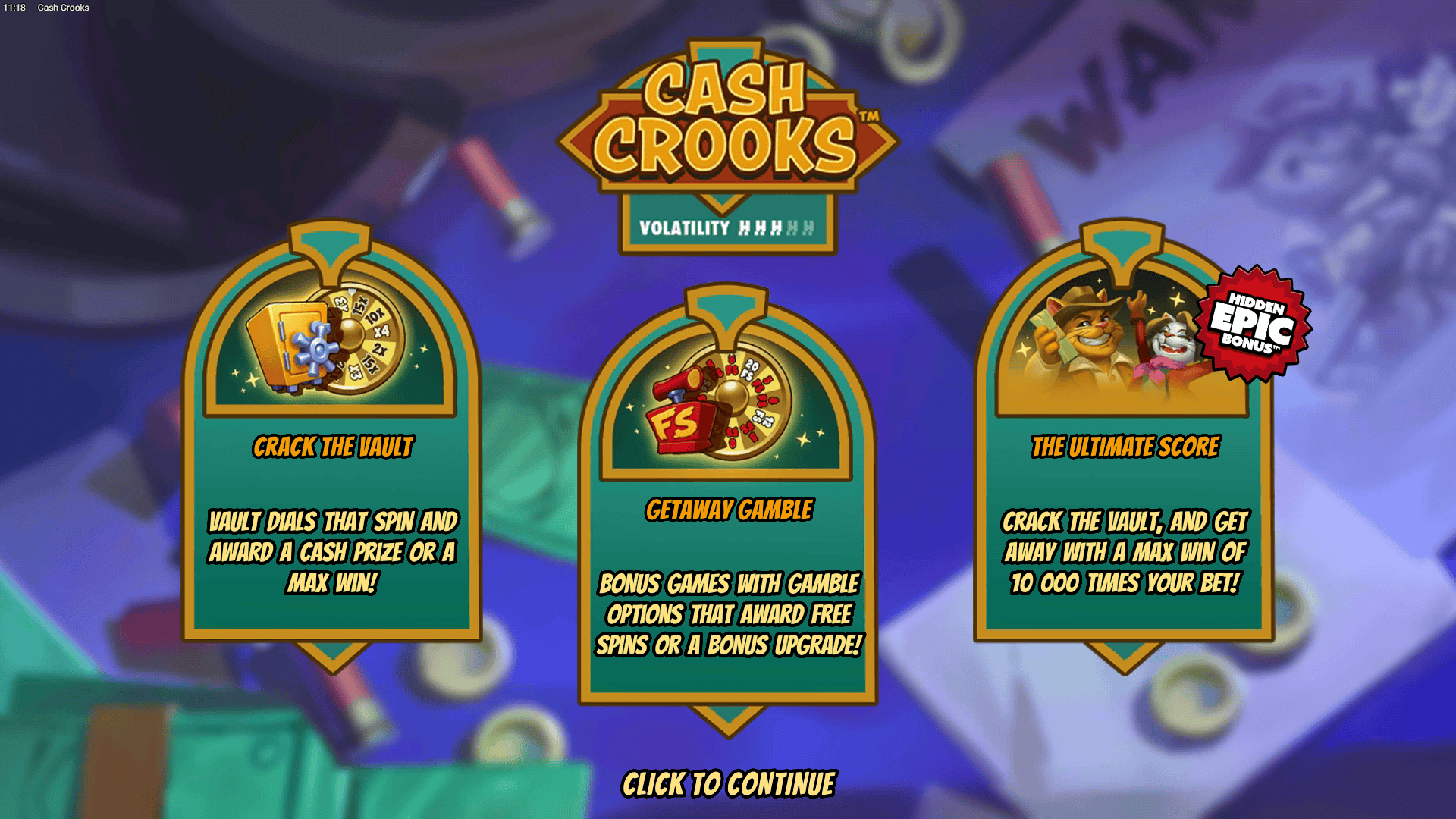 Cash Crooks slot intro screen