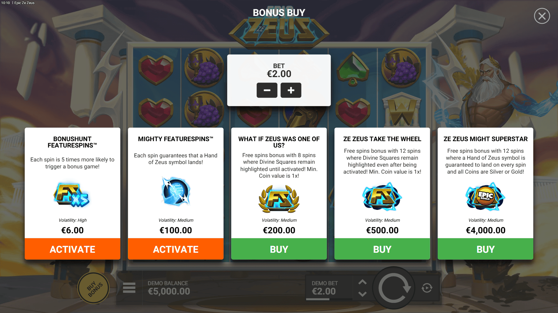 Epic Ze Zeus bonus buy menu