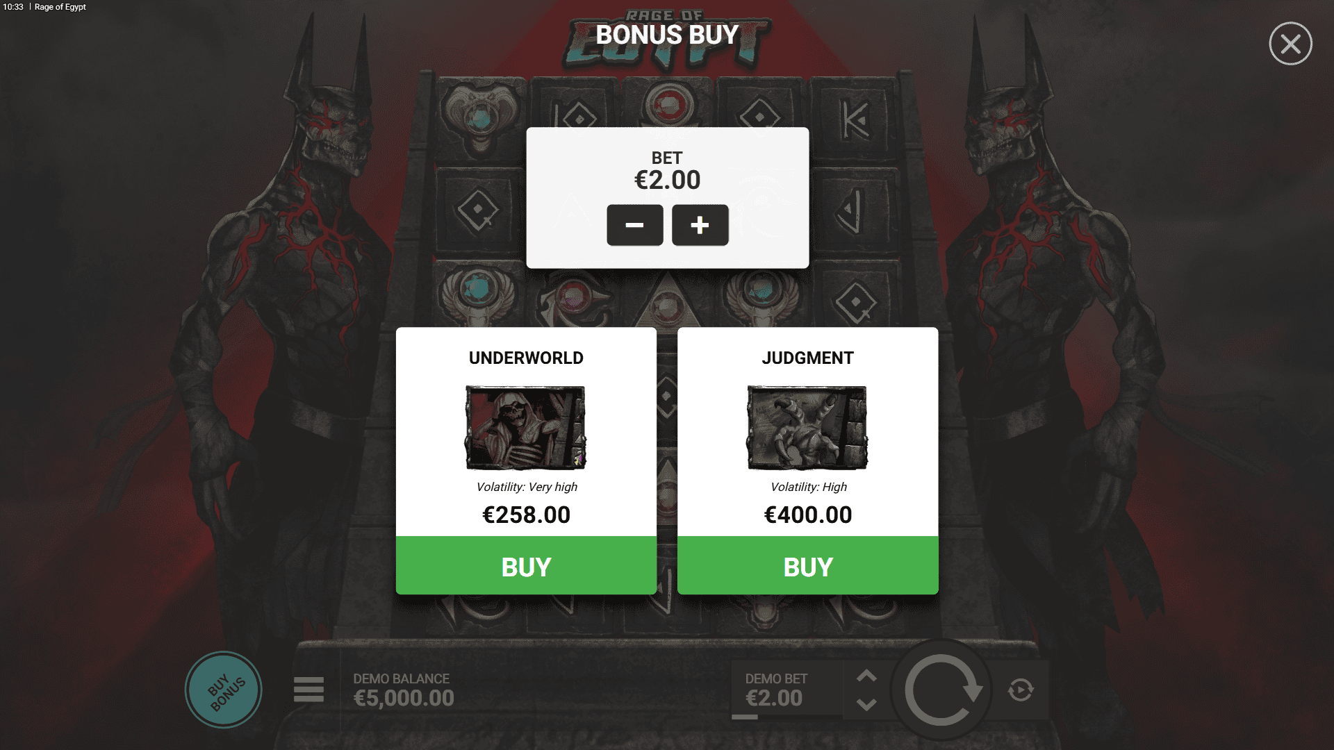 Rage of Egypt bonus buy menu