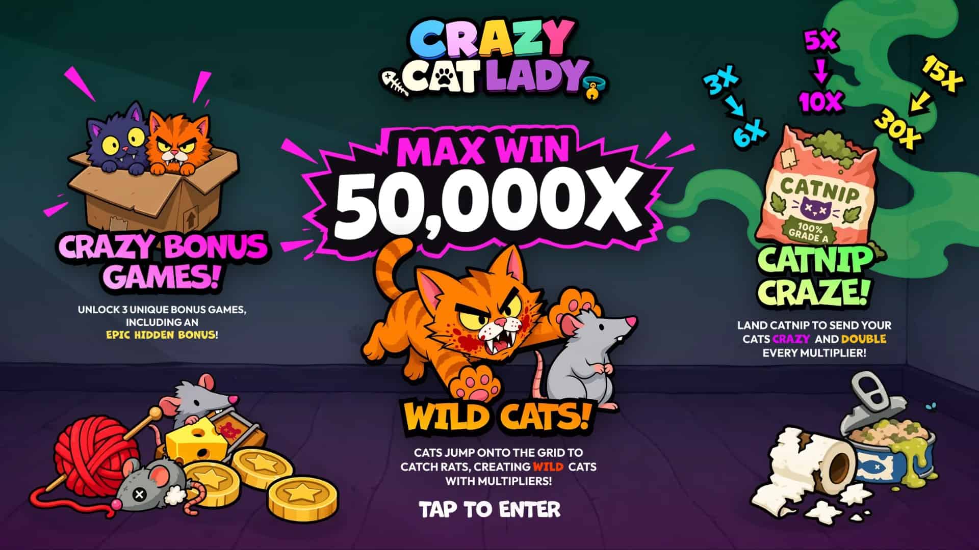 Crazy Cat Lady slot intro screen