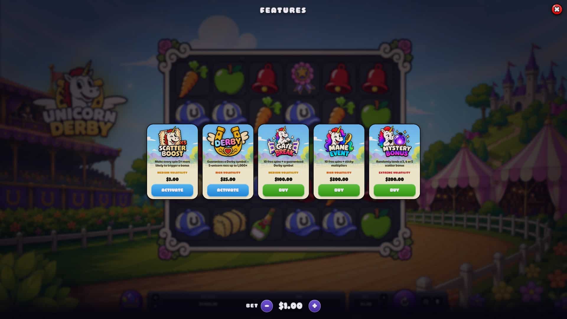 Unicorn Derby bonus buy menu