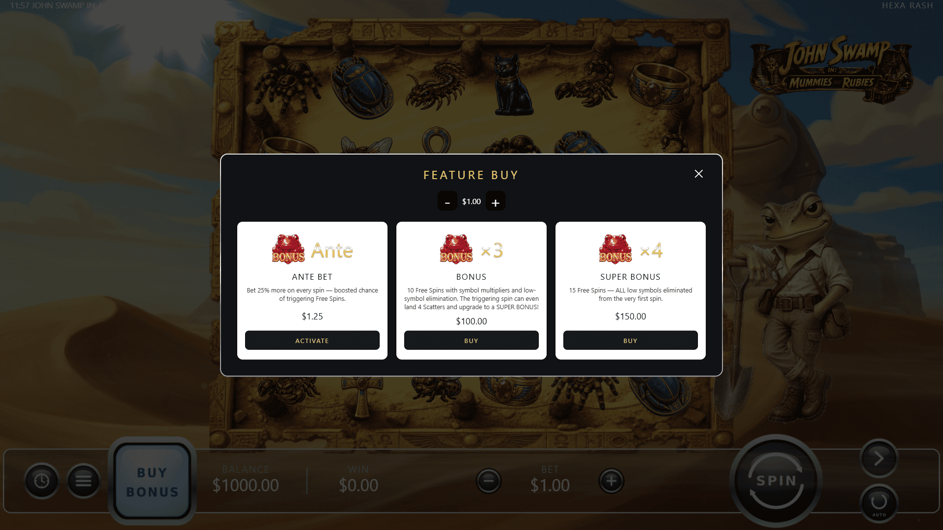 John Swamp in: Mummies and Rubies bonus buy menu