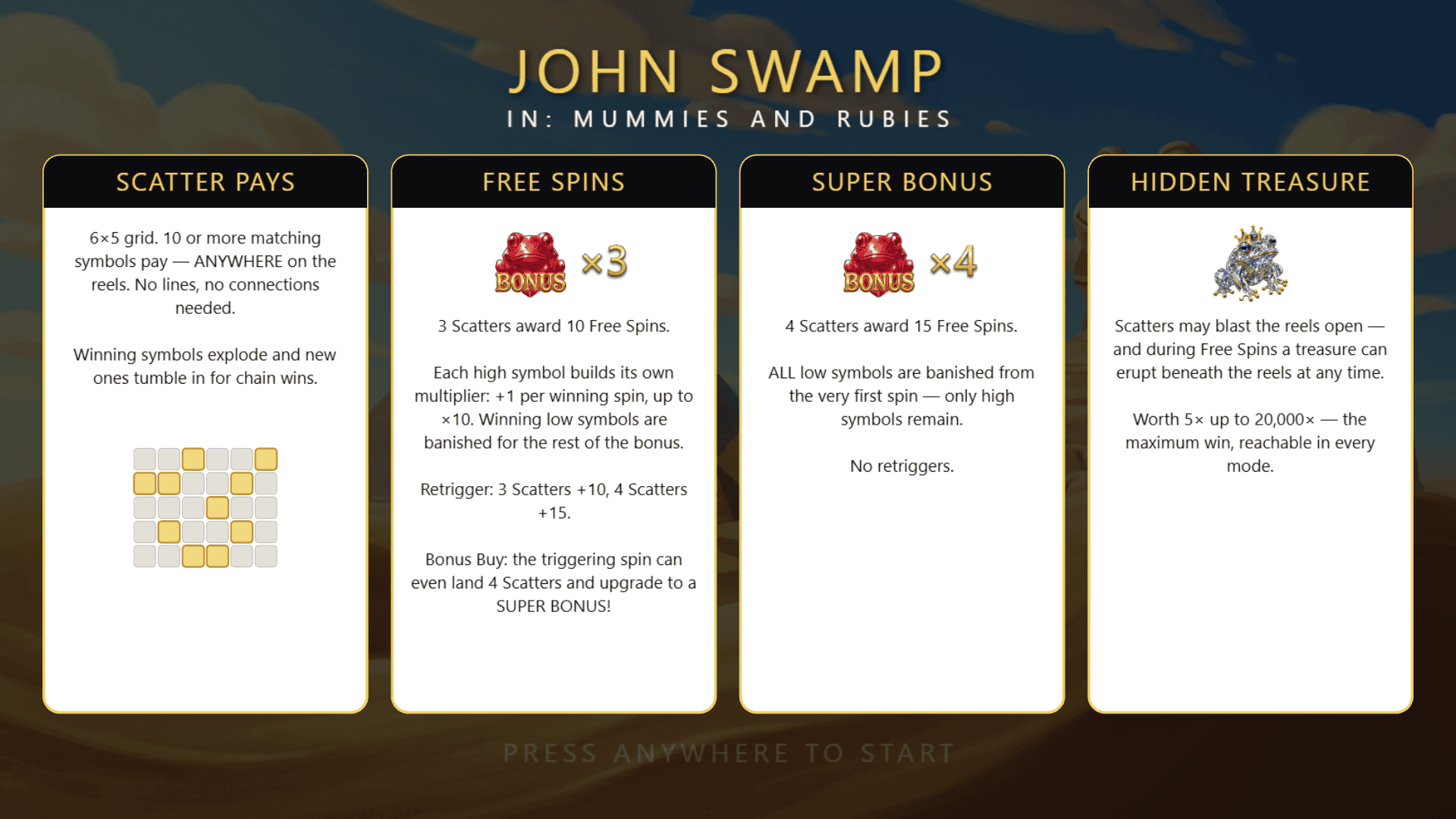 John Swamp in: Mummies and Rubies slot intro screen