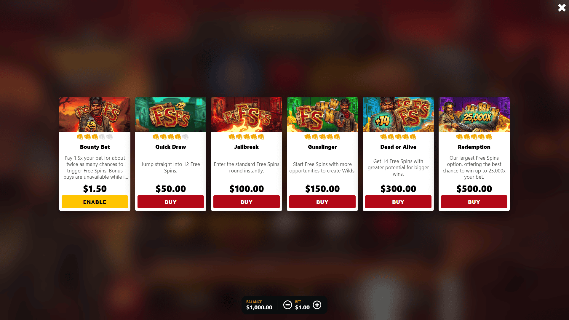 Bloody Redemption bonus buy menu