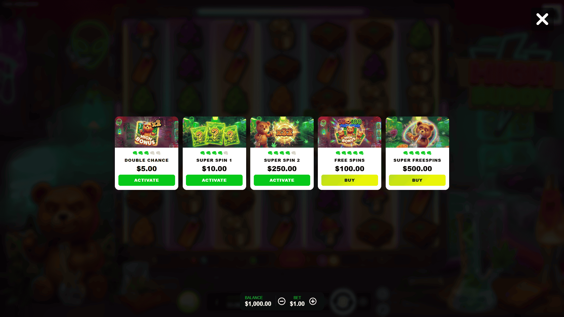 High Buddy bonus buy menu
