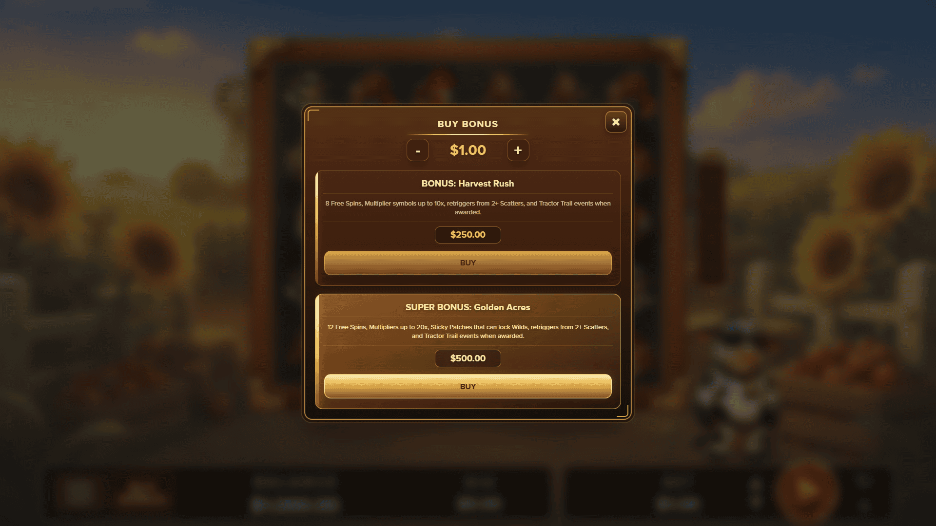 Farm Rush Cascade bonus buy menu