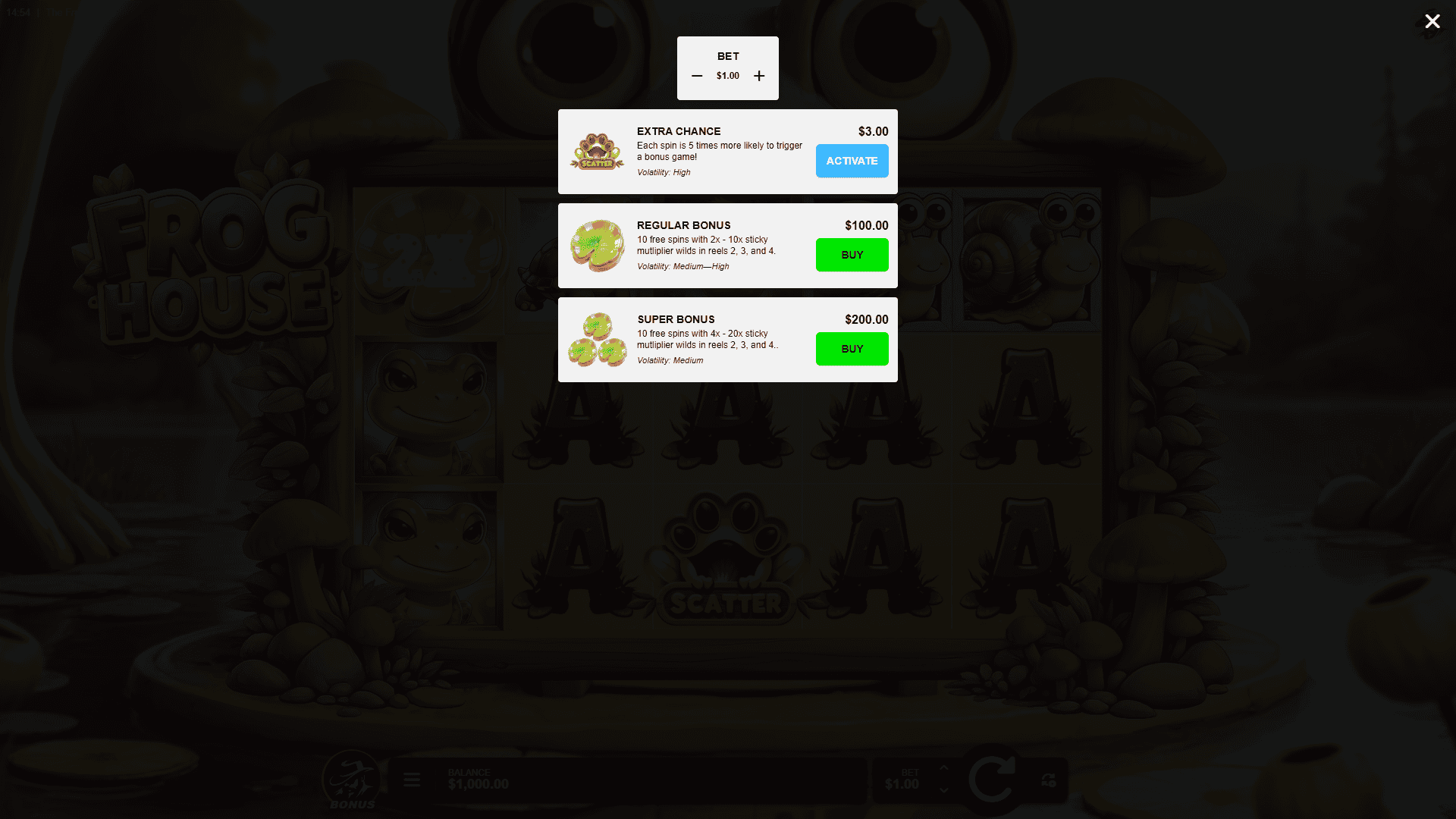 Frog House bonus buy menu