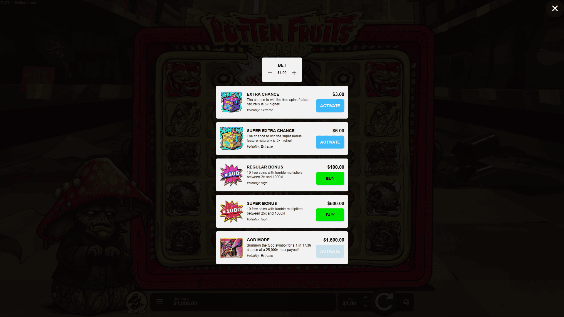 Rotten Fruits Juiced bonus buy menu