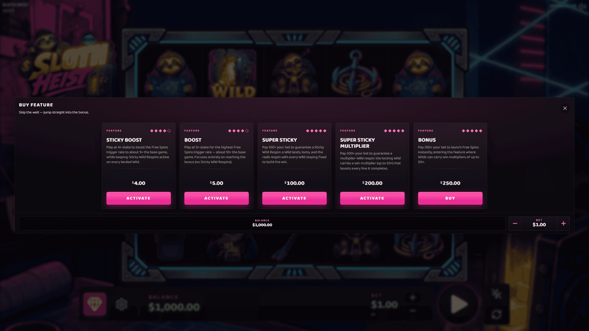 Sloth Heist bonus buy menu