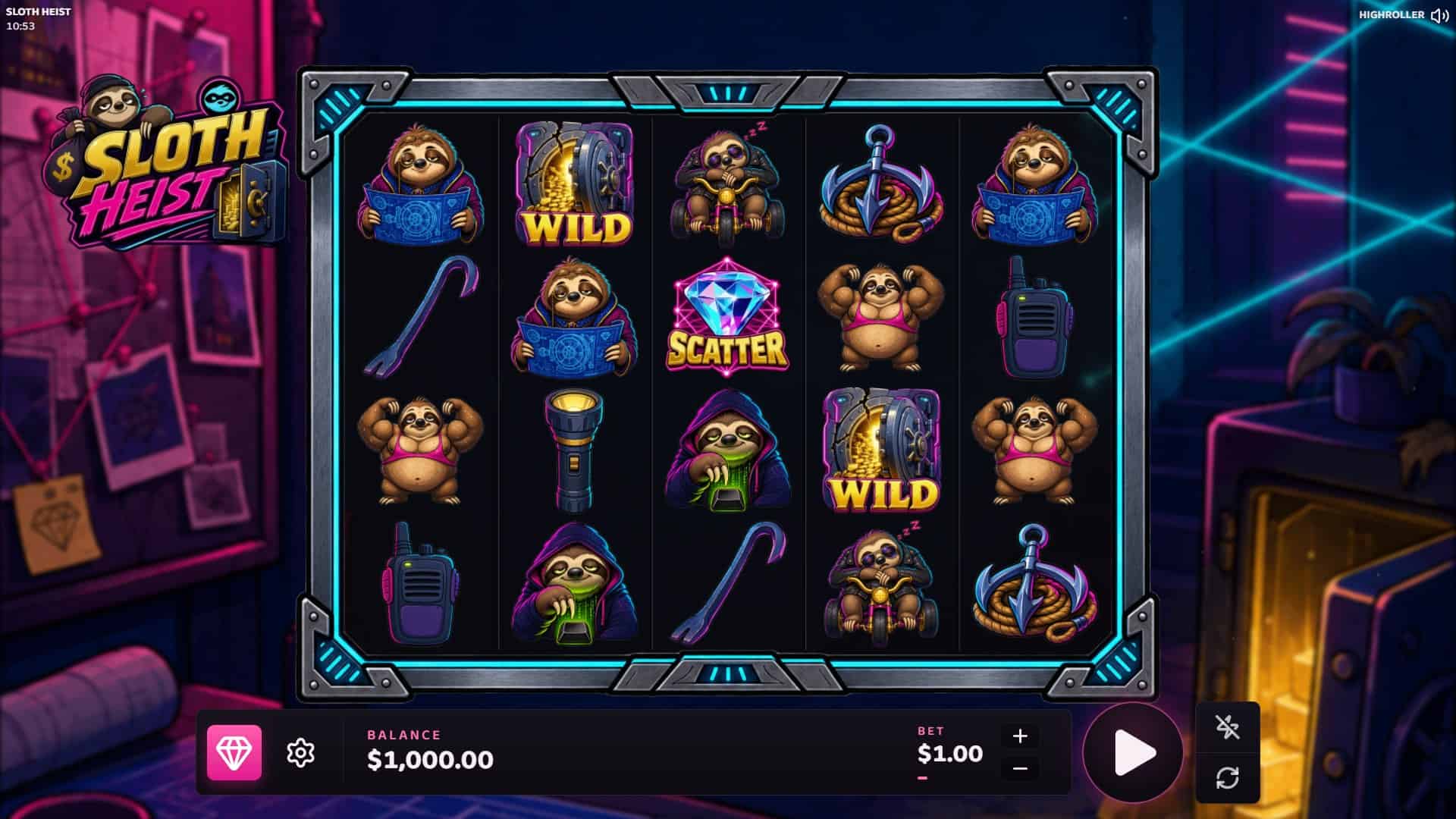 Sloth Heist slot gameplay reels