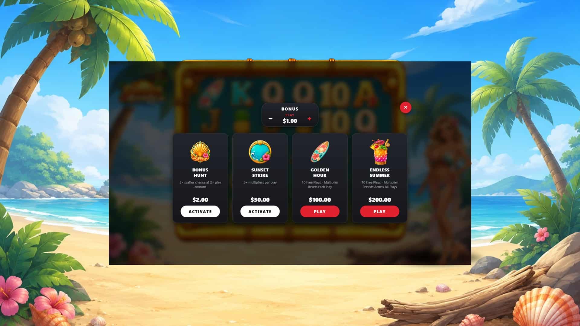 Sunset Sands bonus buy menu