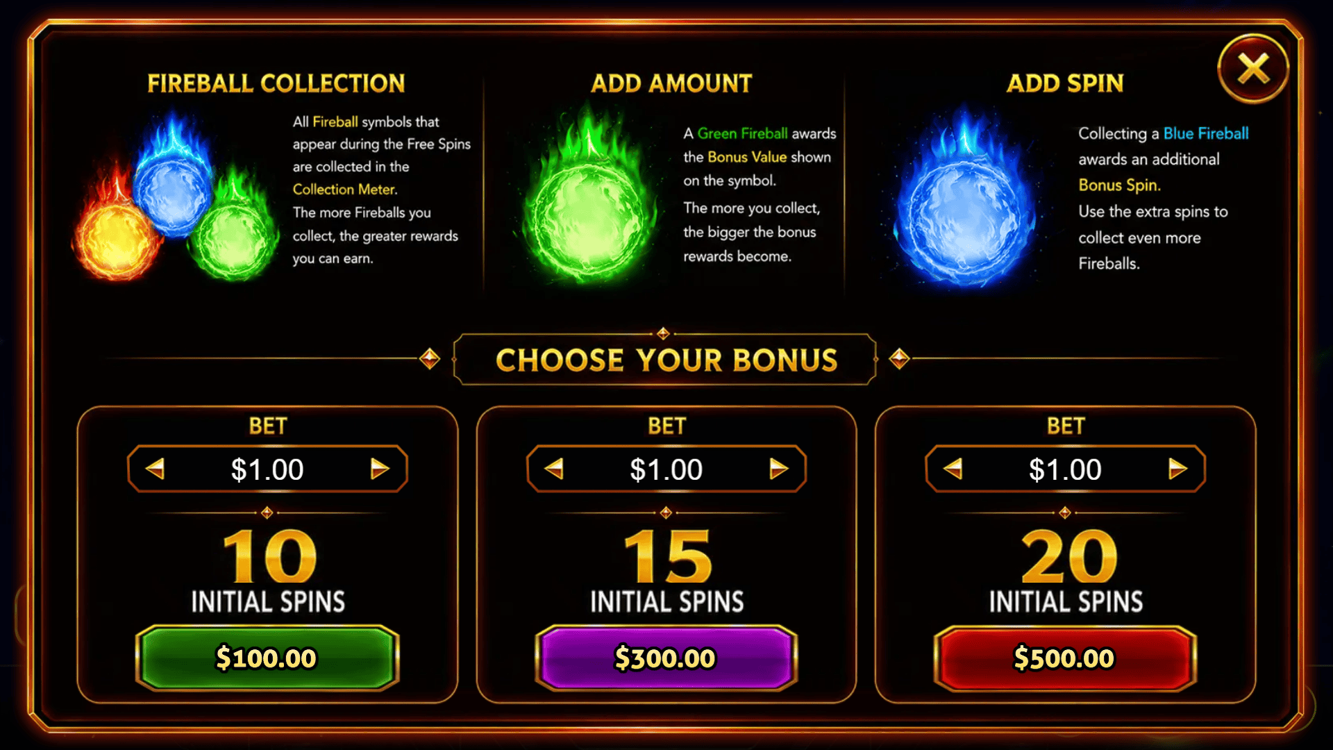 Fireball Fortune bonus buy menu