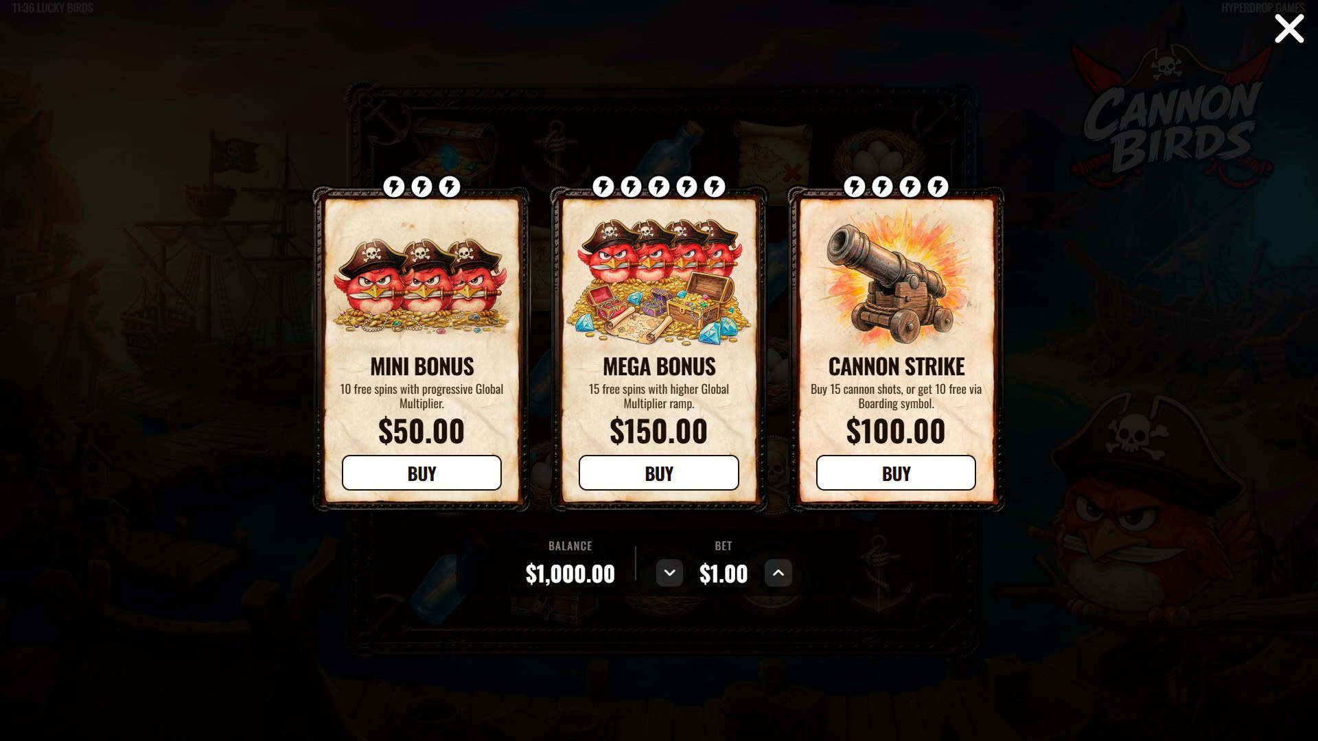 Cannon Birds bonus buy menu