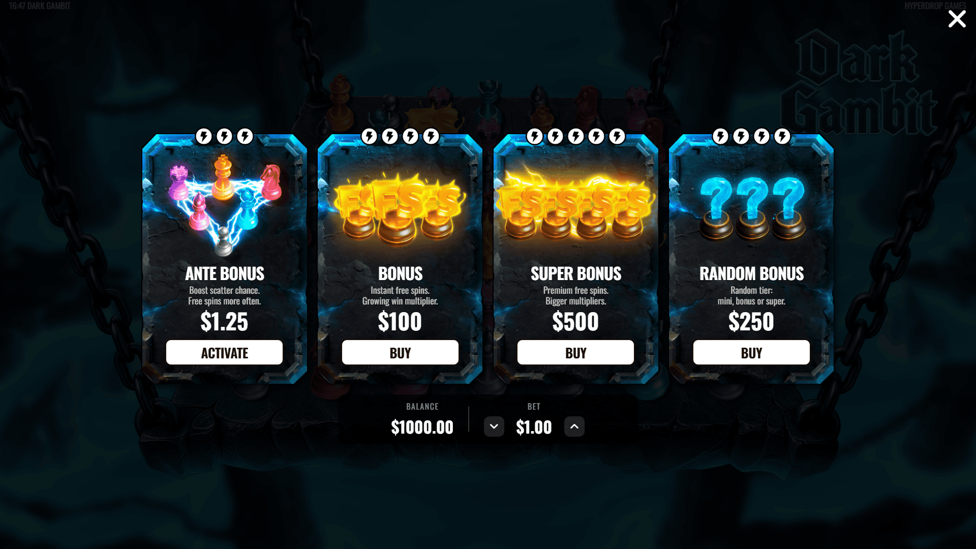 Dark Gambit bonus buy menu