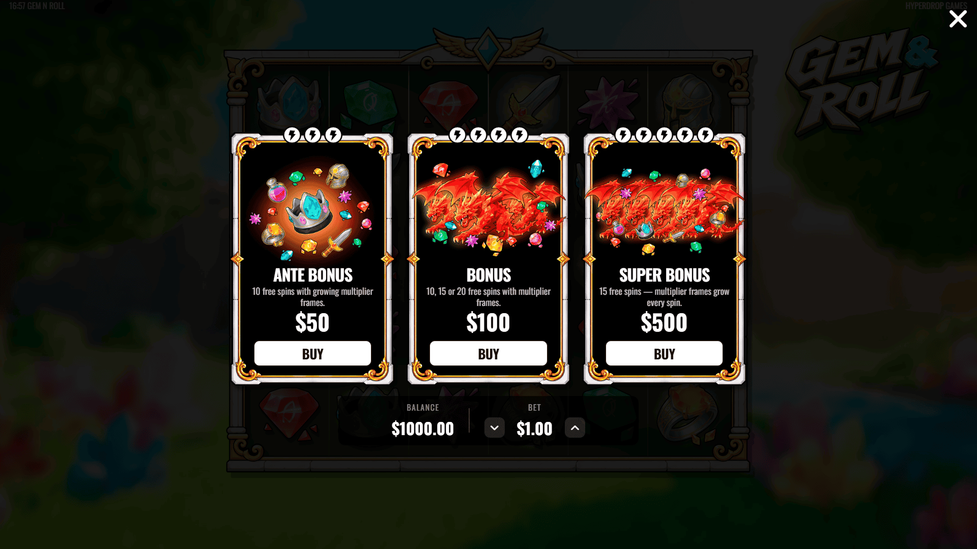 Gem N Roll bonus buy menu
