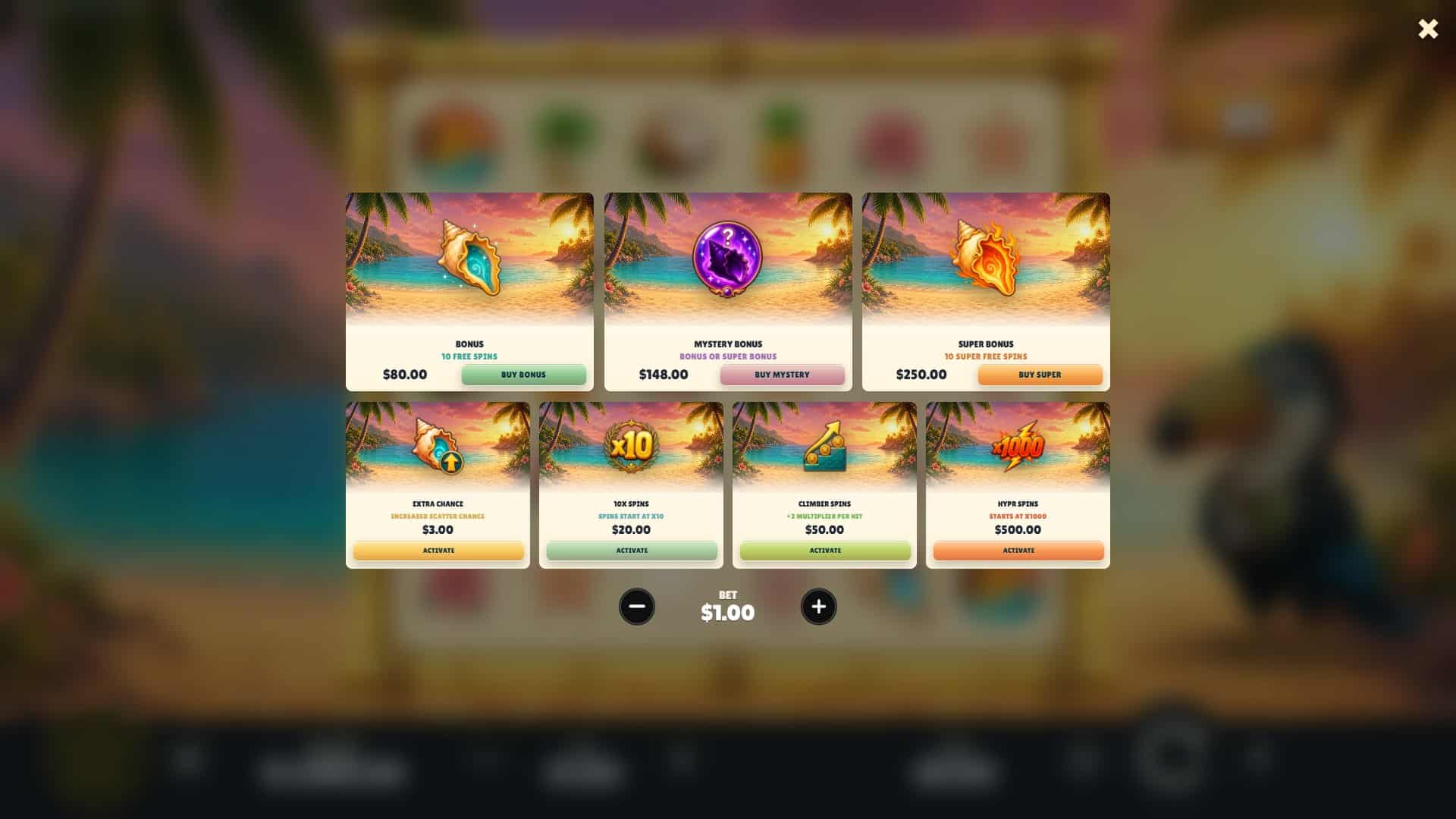 Coconut Cove bonus buy menu