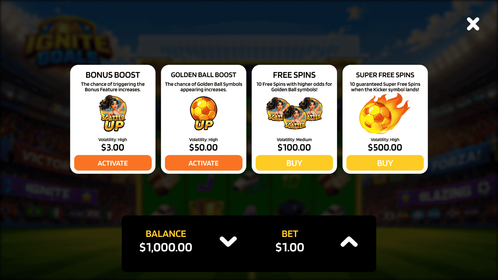 IGNITE Goals bonus buy menu