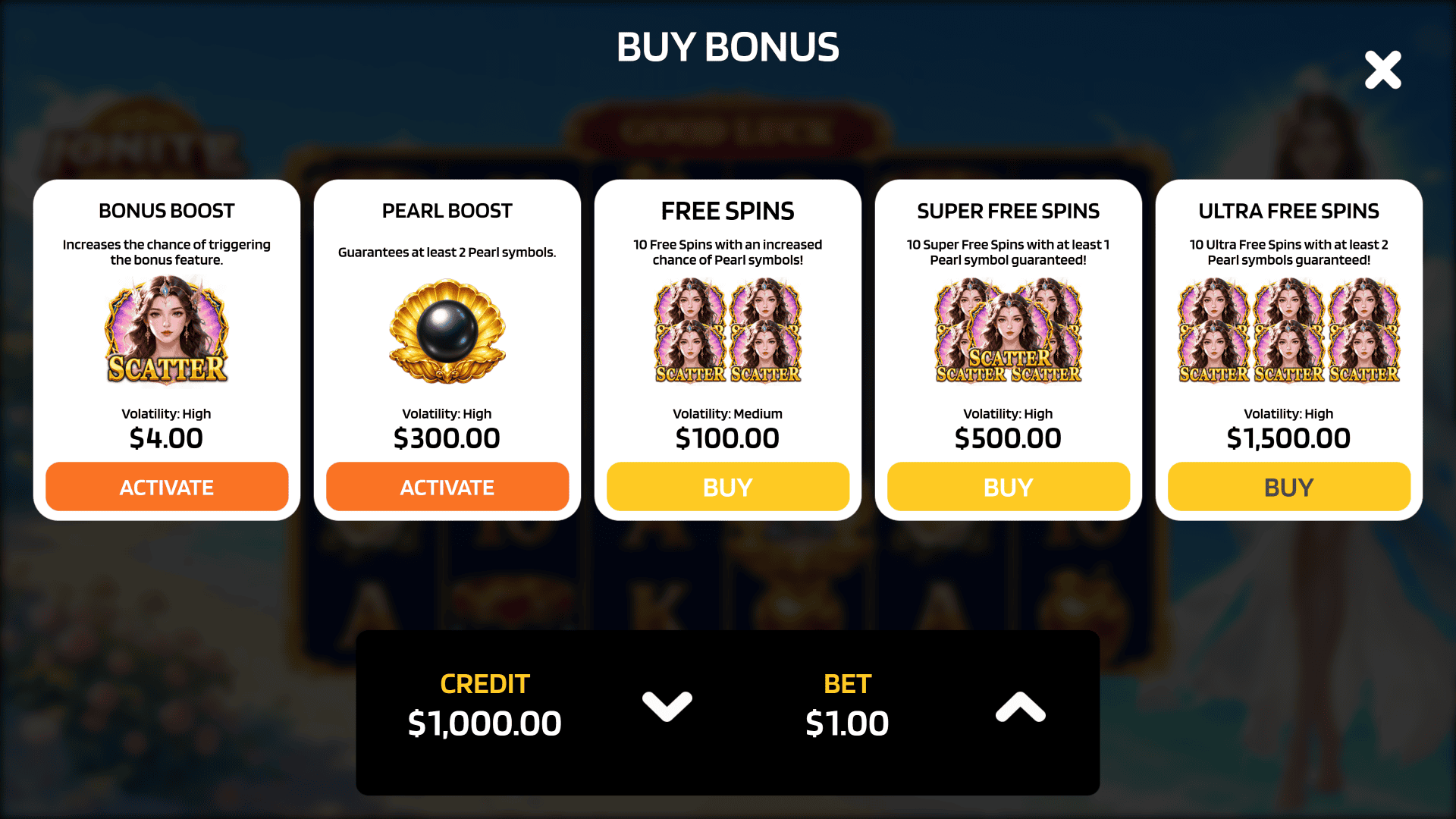 IGNITE Pearl bonus buy menu