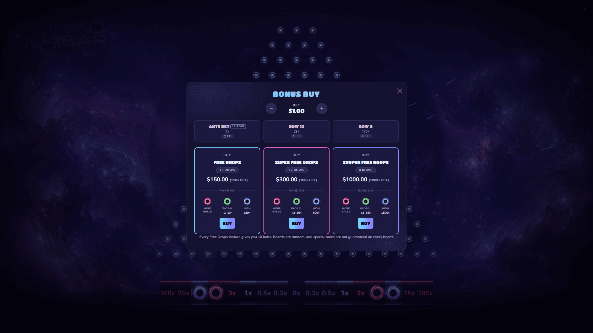 Plinko Quasar bonus buy menu