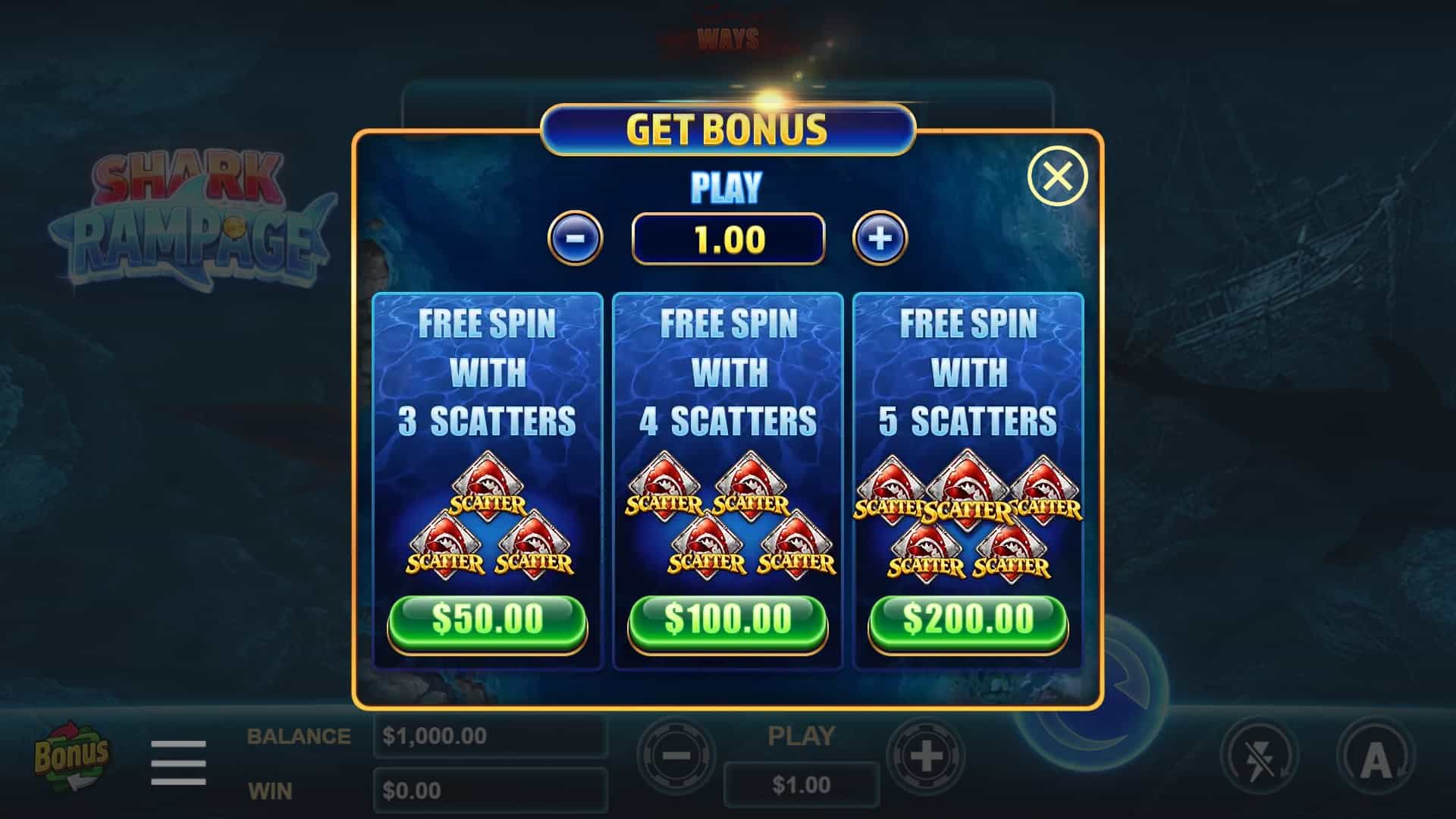 Shark Rampage bonus buy menu