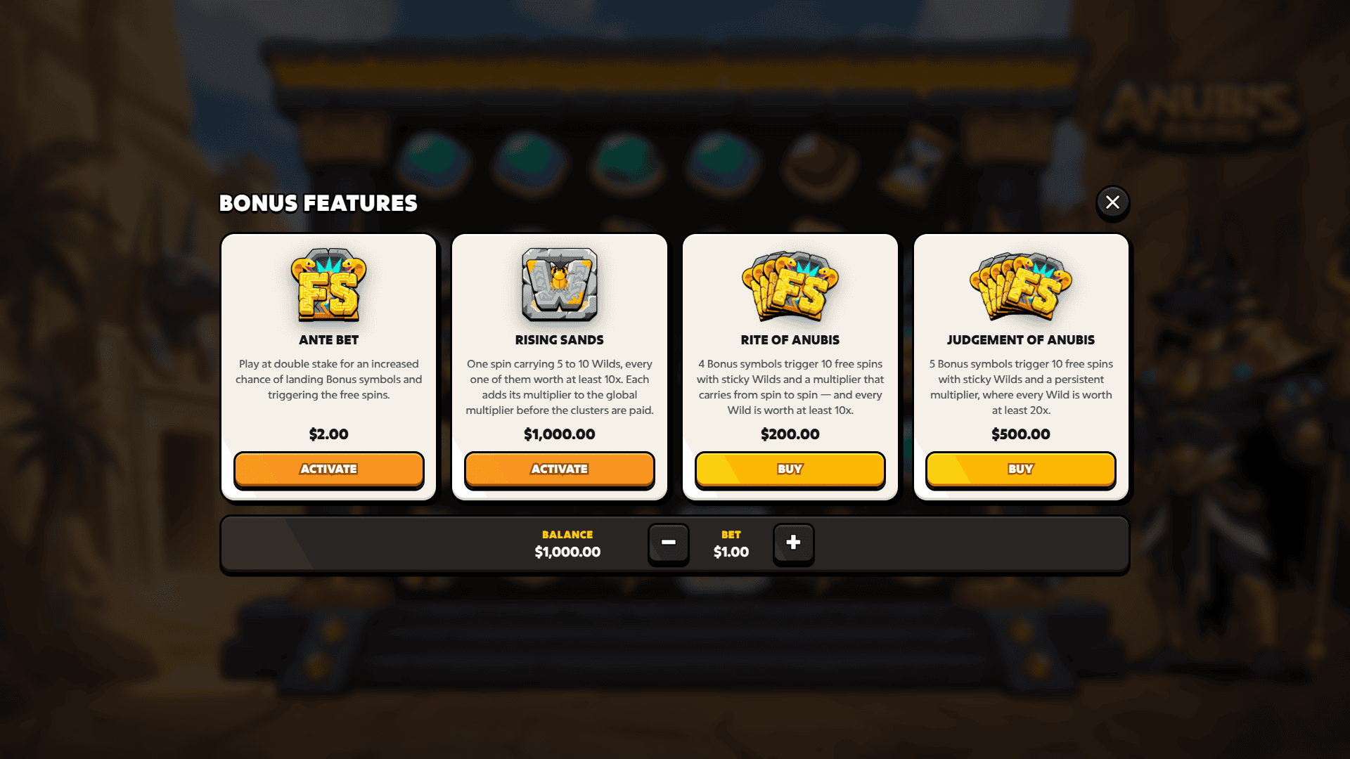 Anubis Rising bonus buy menu