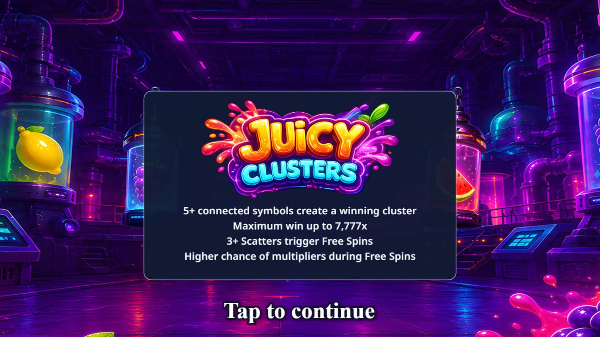 Juicy Clusters slot intro screen