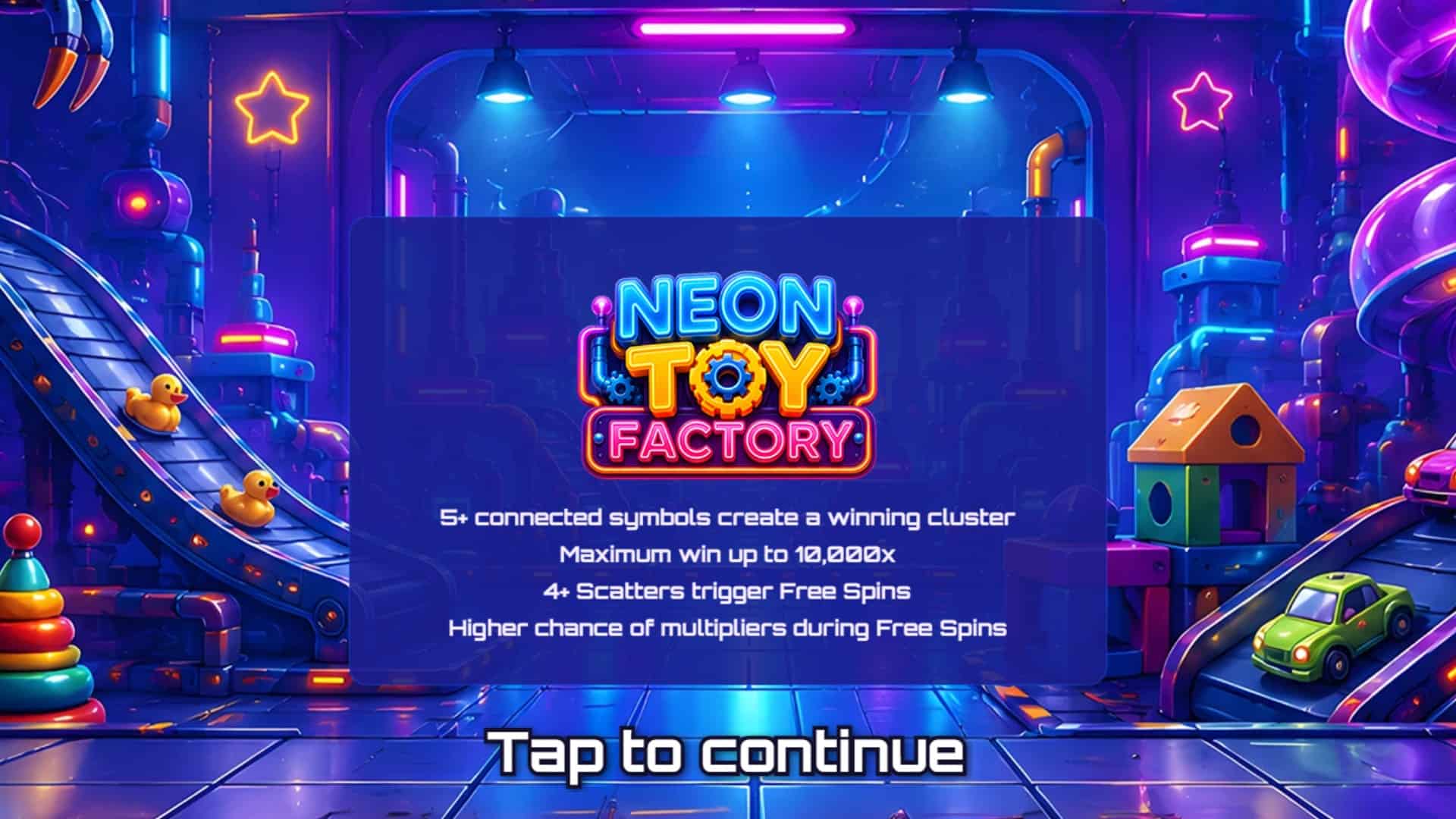 Neon Toy Factory slot intro screen