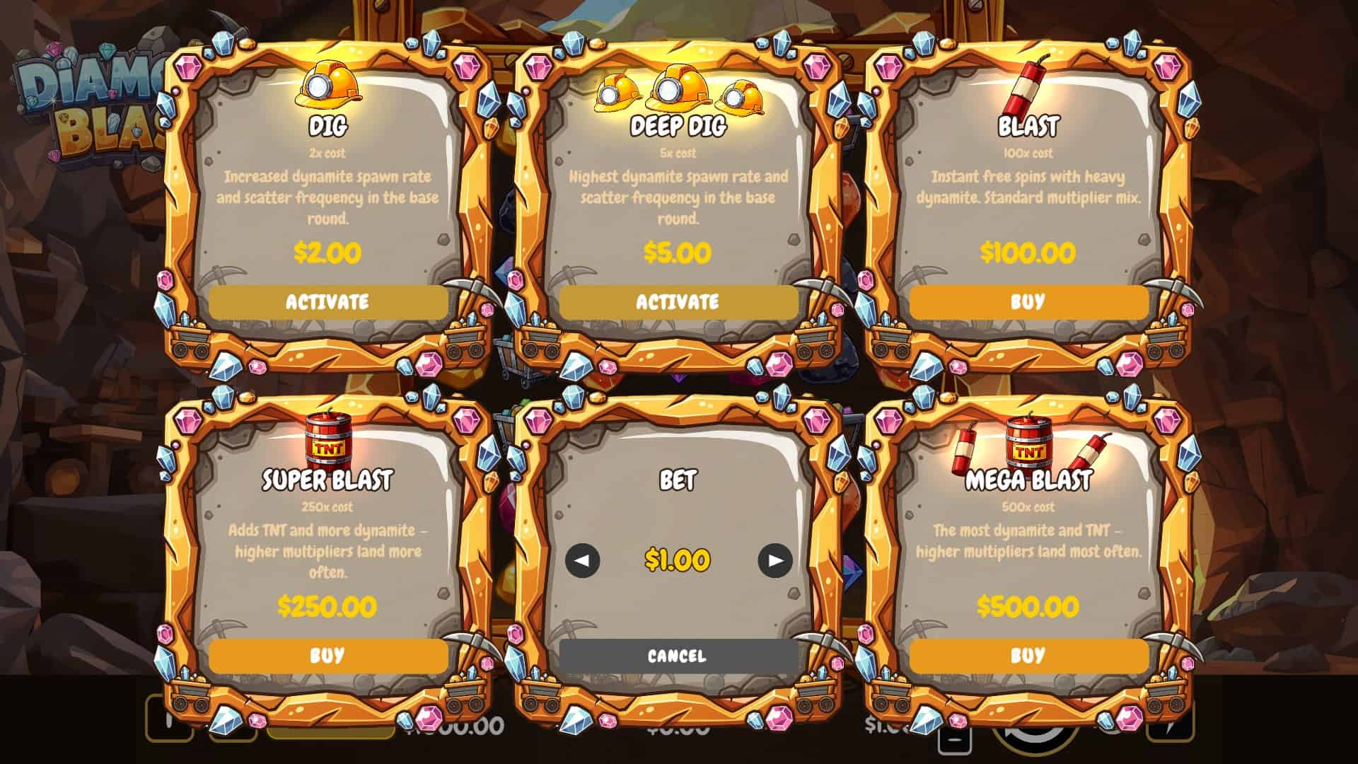 Diamond Blast bonus buy menu
