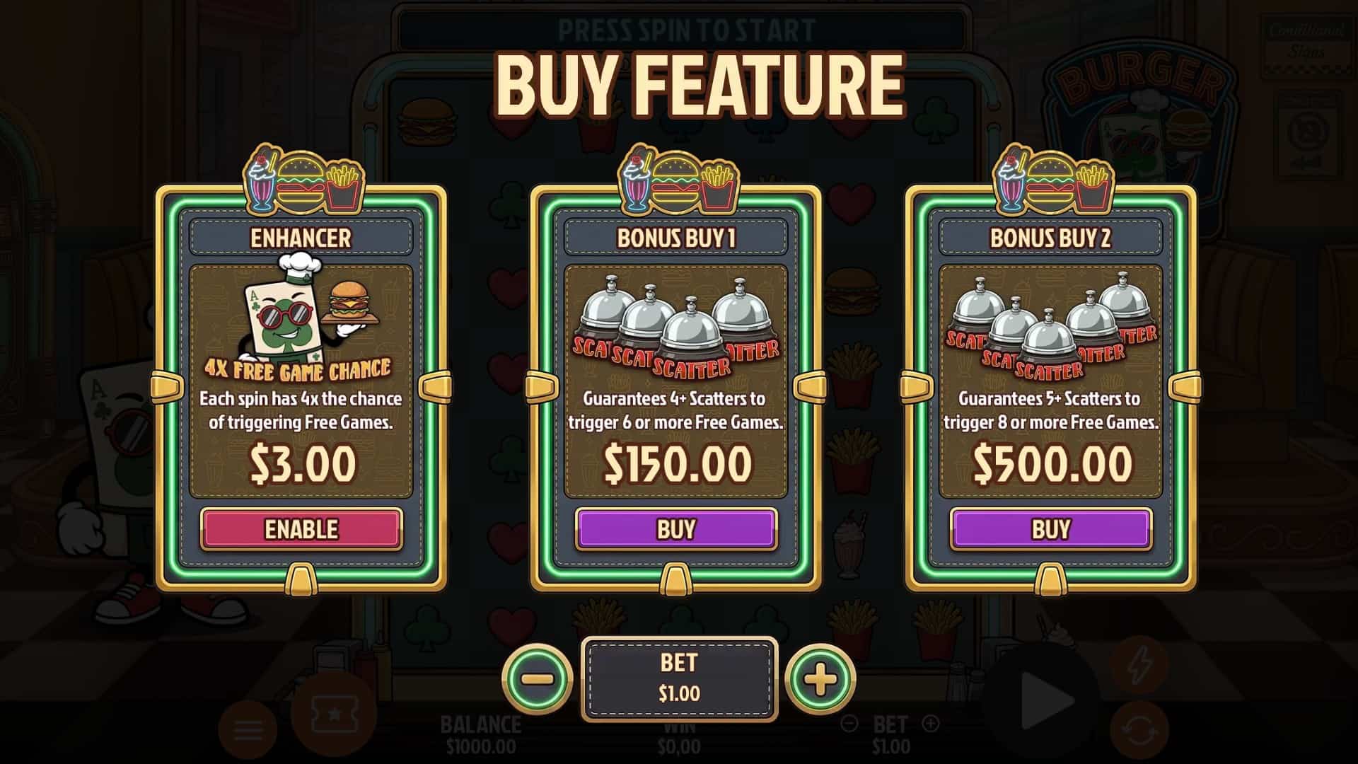 Burger Ace Clusters bonus buy menu