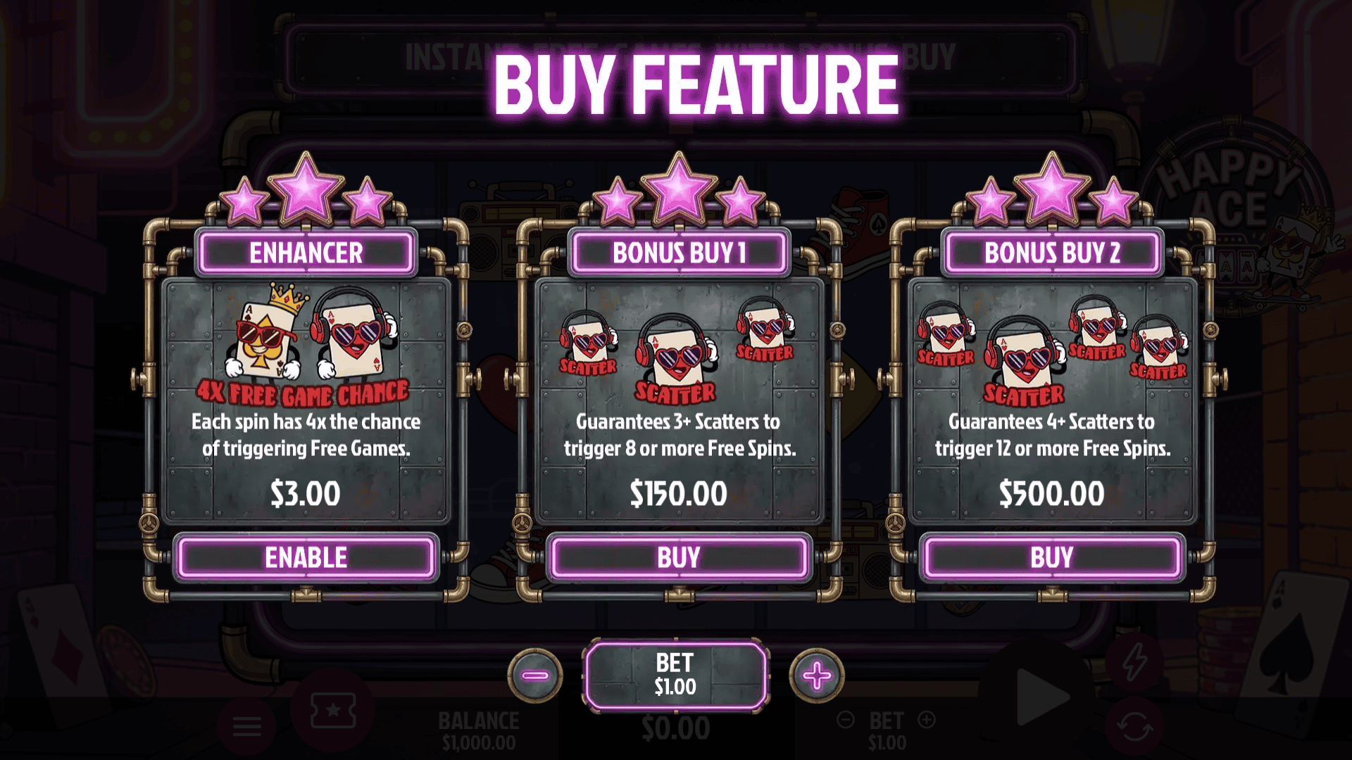 Happy Ace bonus buy menu