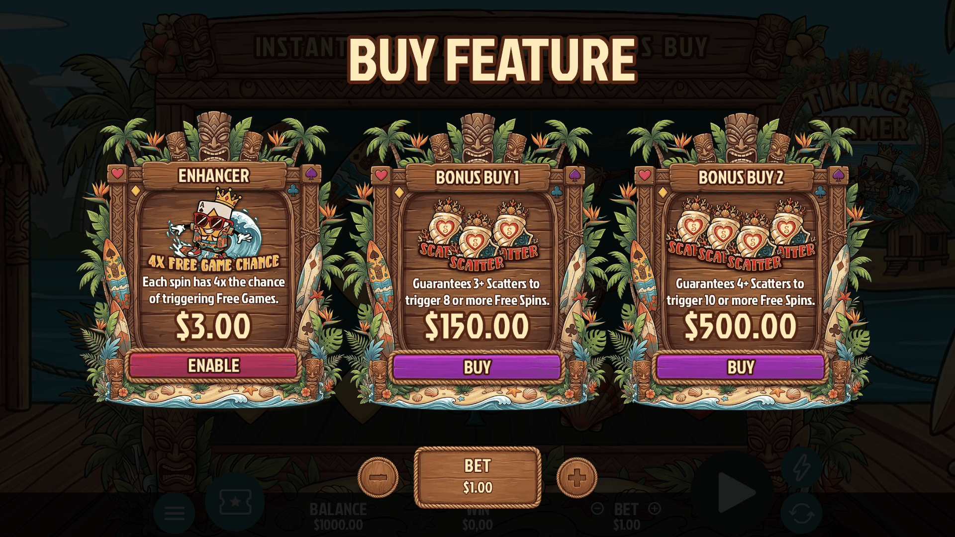 Tiki Ace Summer bonus buy menu
