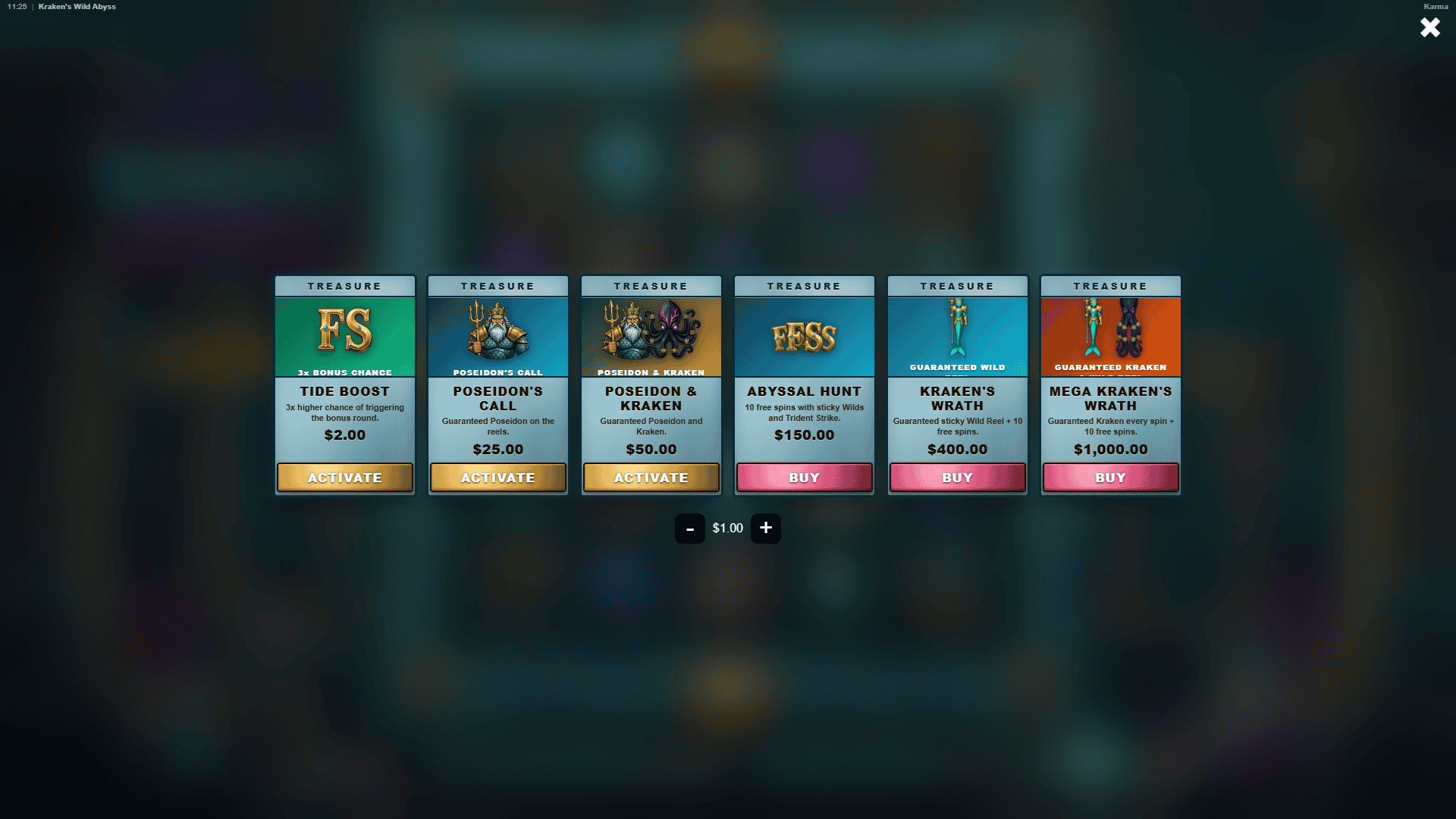 Kraken's Wild Abyss bonus buy menu