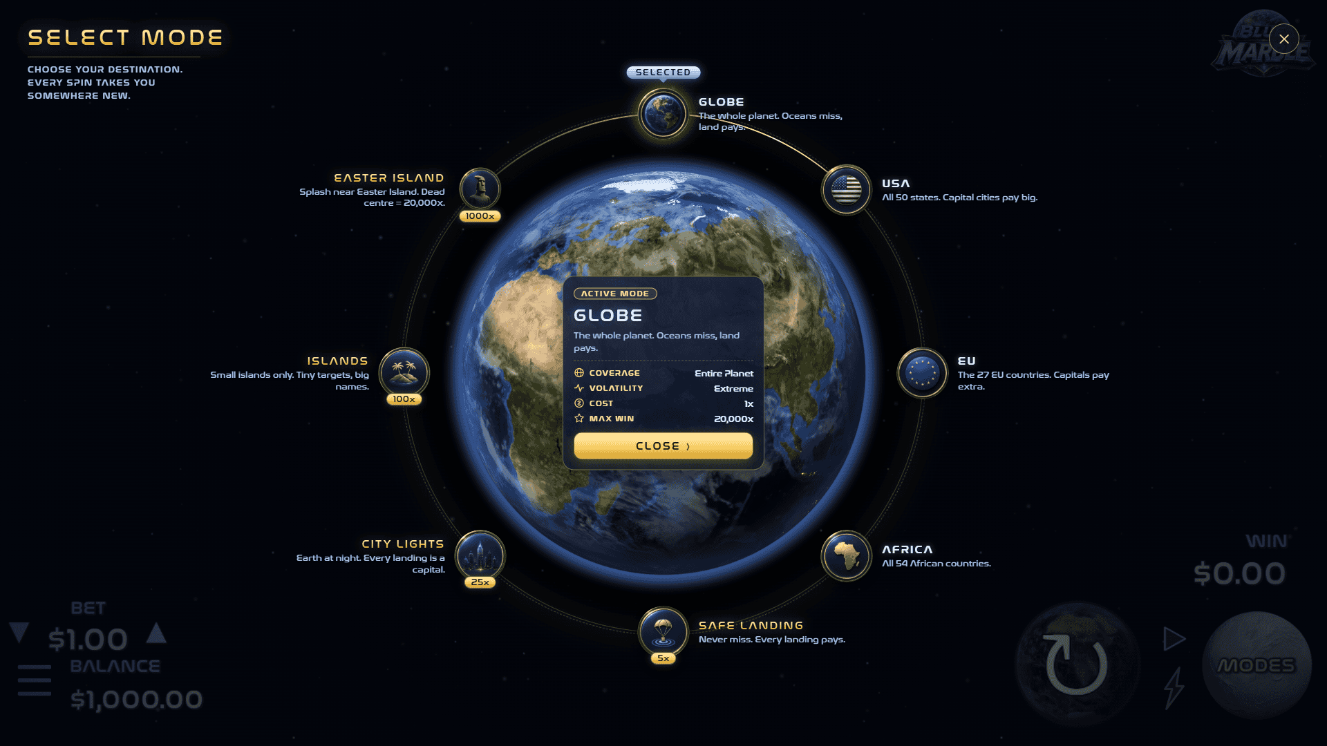 Blue Marble bonus buy menu