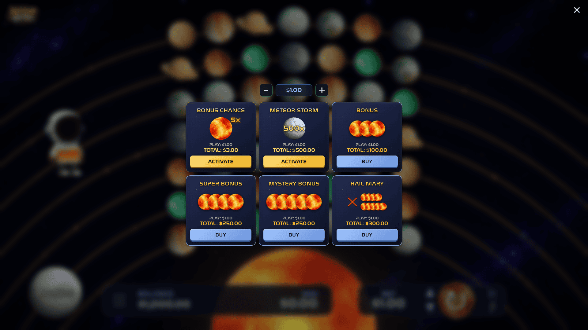 Meteor Mania bonus buy menu
