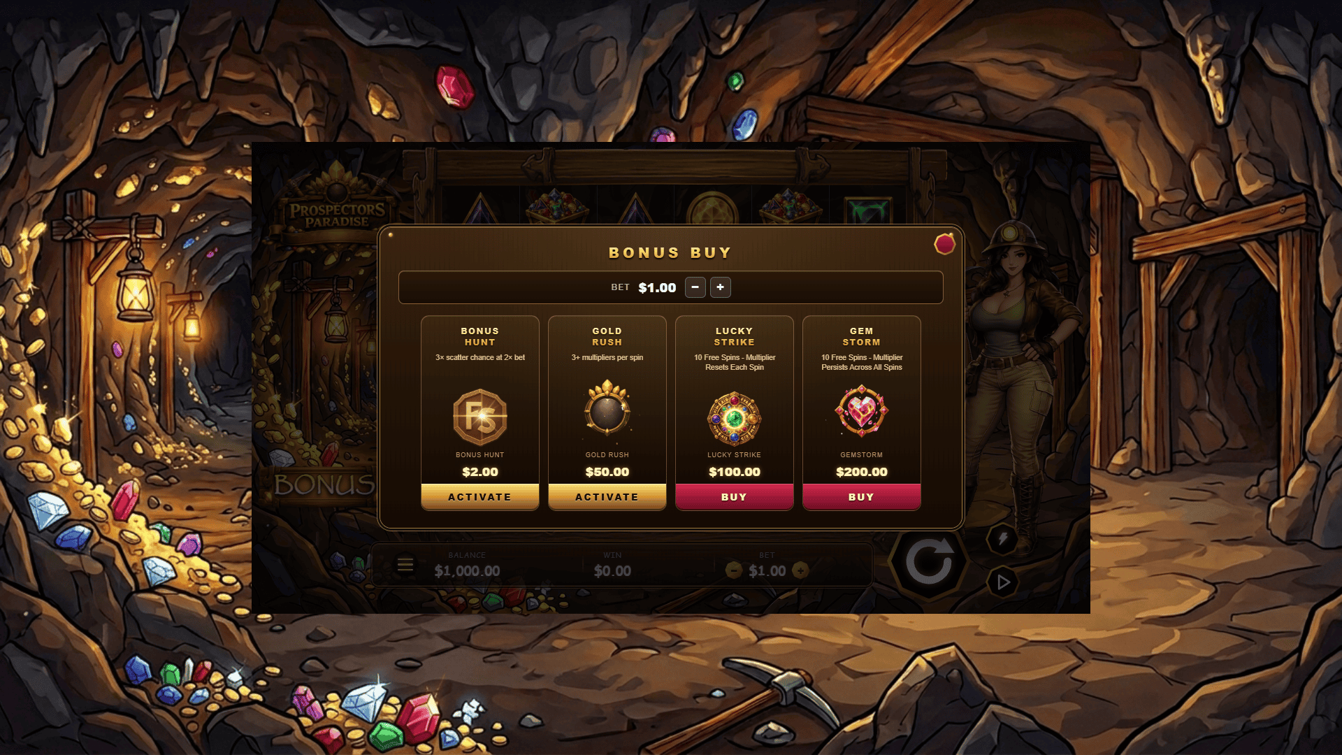 Prospectors Paradise bonus buy menu