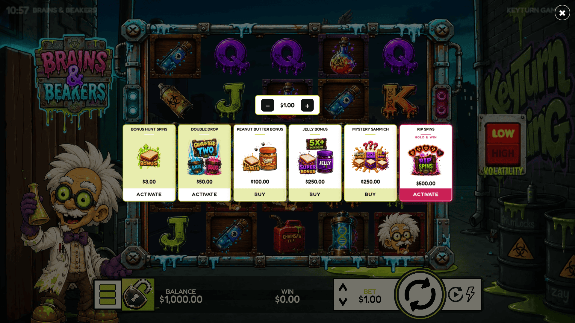 Brains And Beakers bonus buy menu
