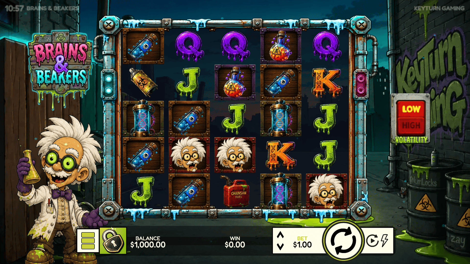 Brains And Beakers slot gameplay reels