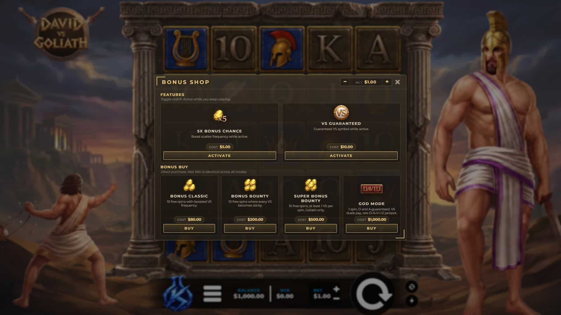 David VS Goliath bonus buy menu